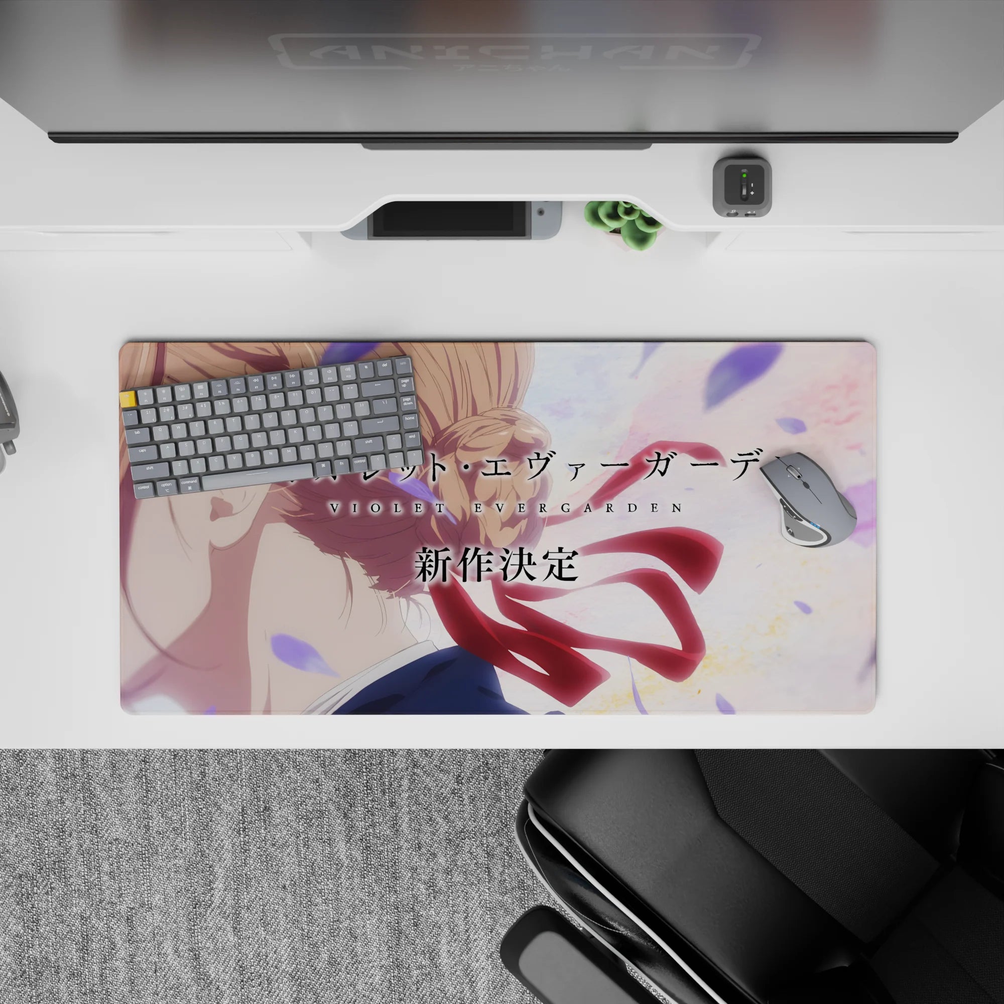 Pastel peach and lavender sky anime mouse pad 32x16 inches, calm mood with floating petals and soft light.