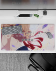 Pastel peach and lavender sky anime mouse pad 32x16 inches, calm mood with floating petals and soft light.