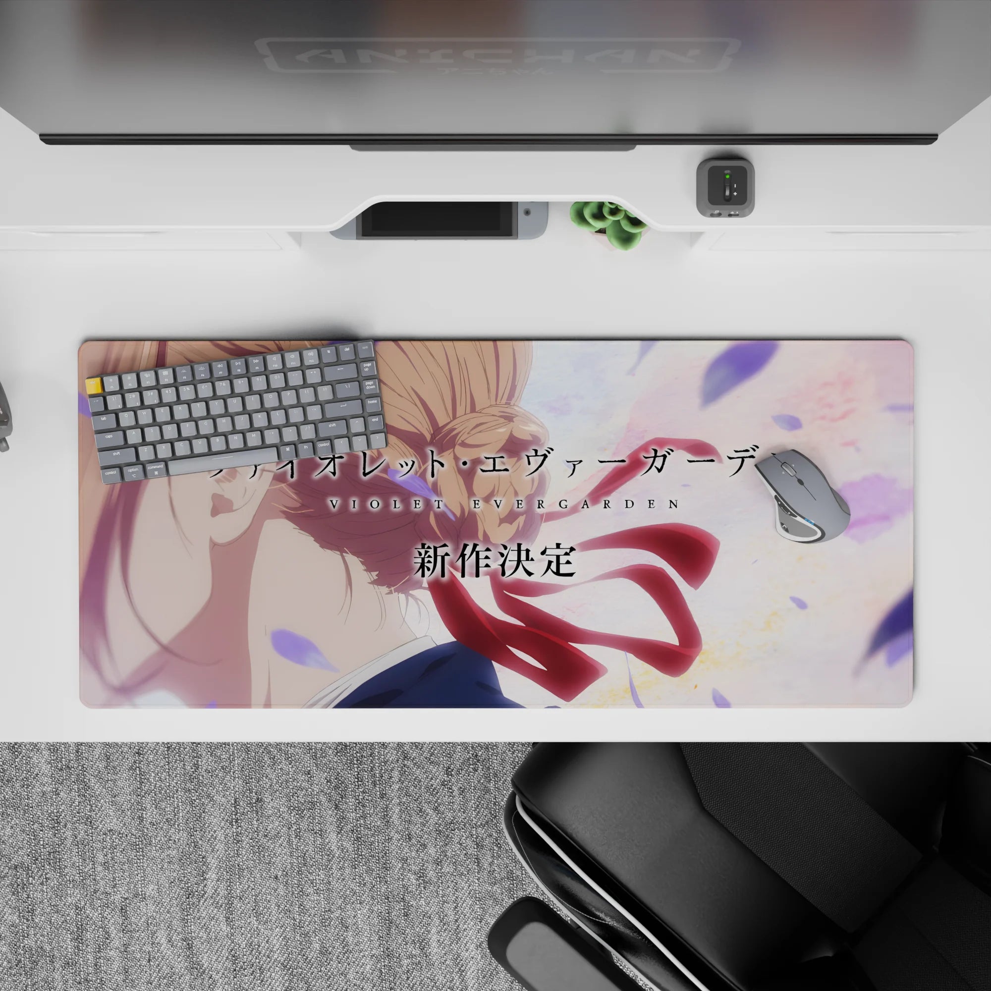 Pastel peach and lavender anime desk pad 36x16 inches, calm cinematic vibe with soft light and petals.