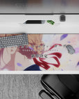 Pastel peach and lavender anime desk pad 36x16 inches, calm cinematic vibe with soft light and petals.