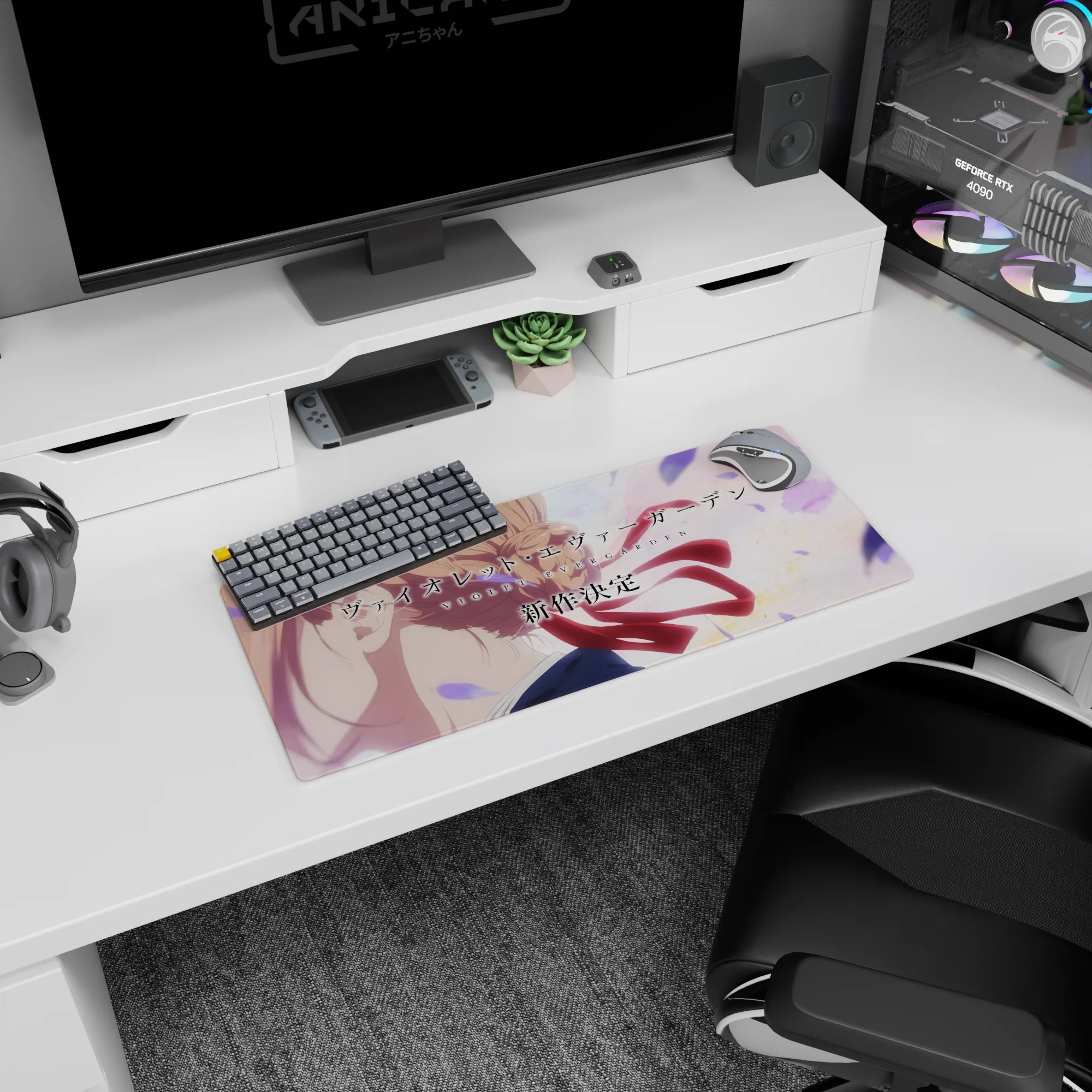 28x12 inches anime mouse pad showing Violet Evergarden, braided blonde hair and uniform collar, crimson ribbon trail.