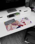 28x12 inches anime mouse pad showing Violet Evergarden, braided blonde hair and uniform collar, crimson ribbon trail.