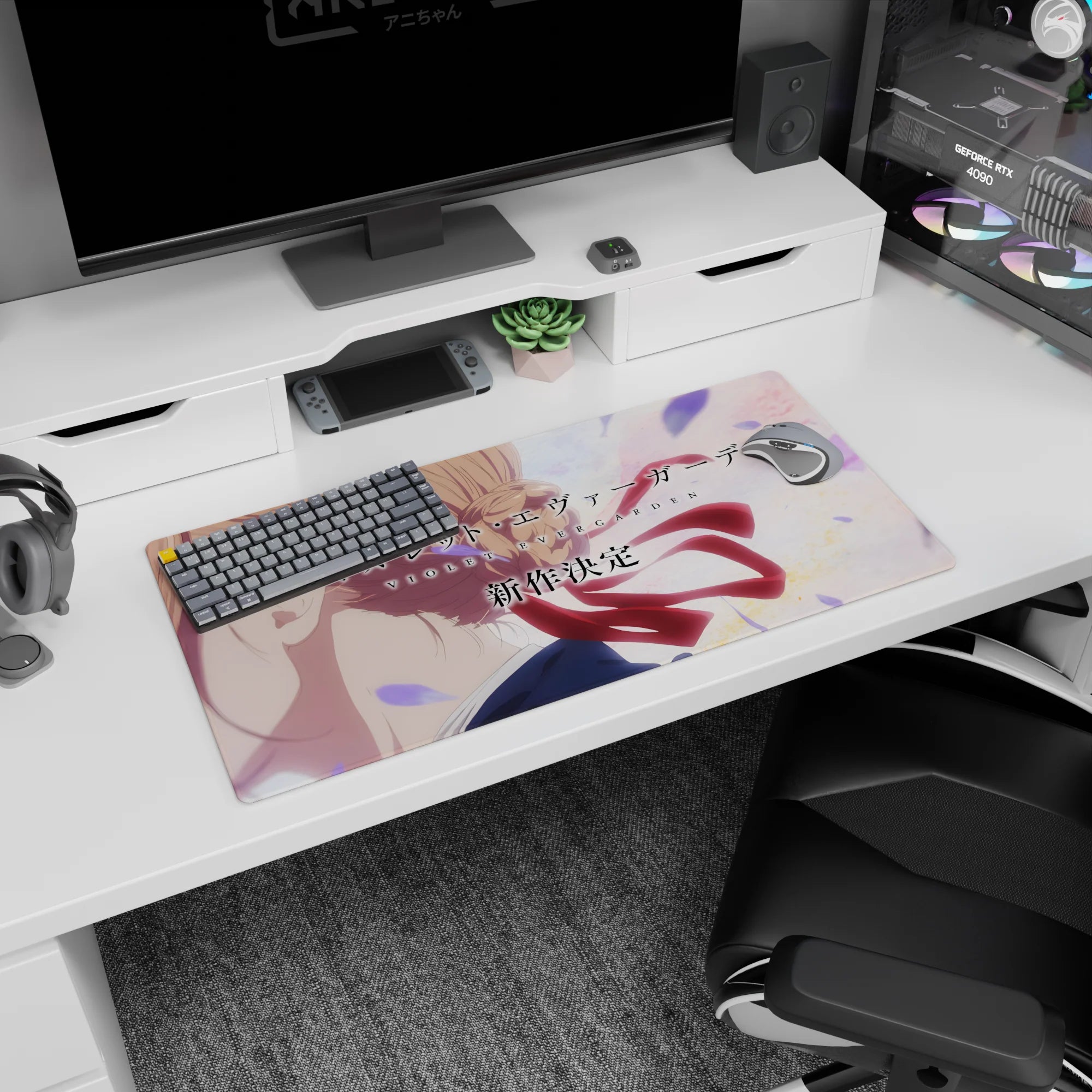 Violet Evergarden in soft profile anime mouse pad 32x16 inches, braided hair and crimson ribbon in wind.