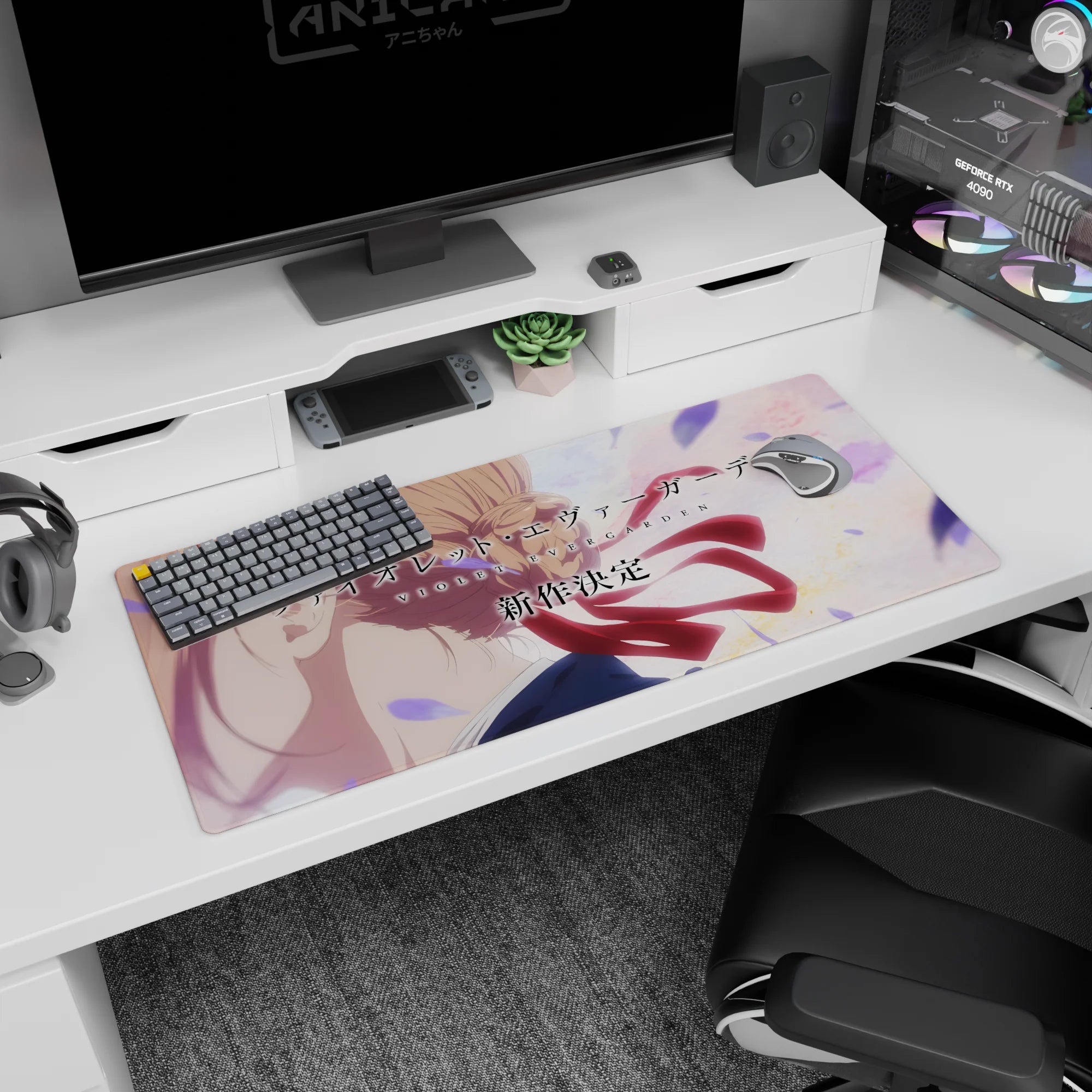 Violet Evergarden desk pad 36x16 inches, braided blonde hair and uniform collar, ribbon trailing crimson.