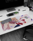 Violet Evergarden desk pad 36x16 inches, braided blonde hair and uniform collar, ribbon trailing crimson.