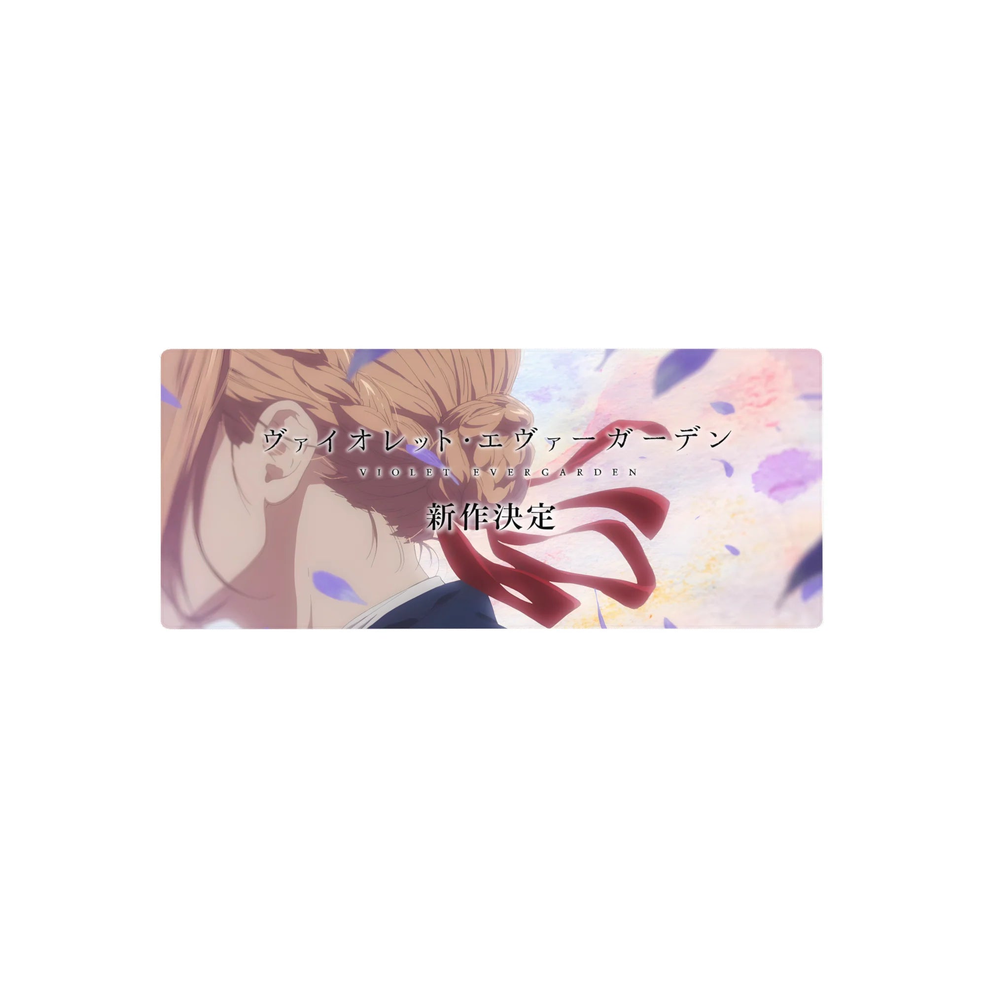 28x12 inches anime mouse pad with Violet Evergarden in profile, ribbon flowing, petals drifting, pastel sky.