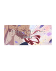 28x12 inches anime mouse pad with Violet Evergarden in profile, ribbon flowing, petals drifting, pastel sky.