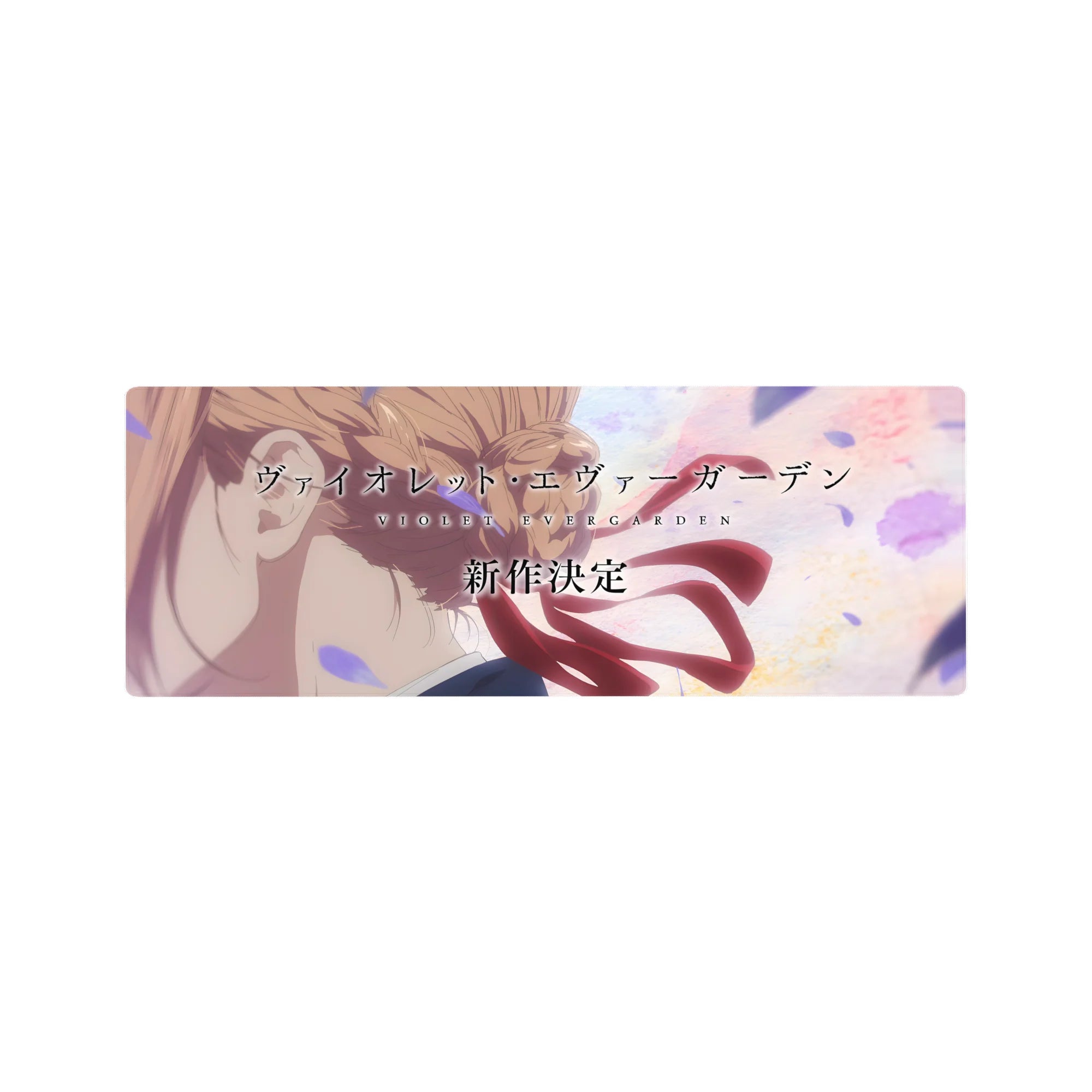32x12 inches anime mouse pad with Violet Evergarden profile, windblown ribbon and drifting petals.