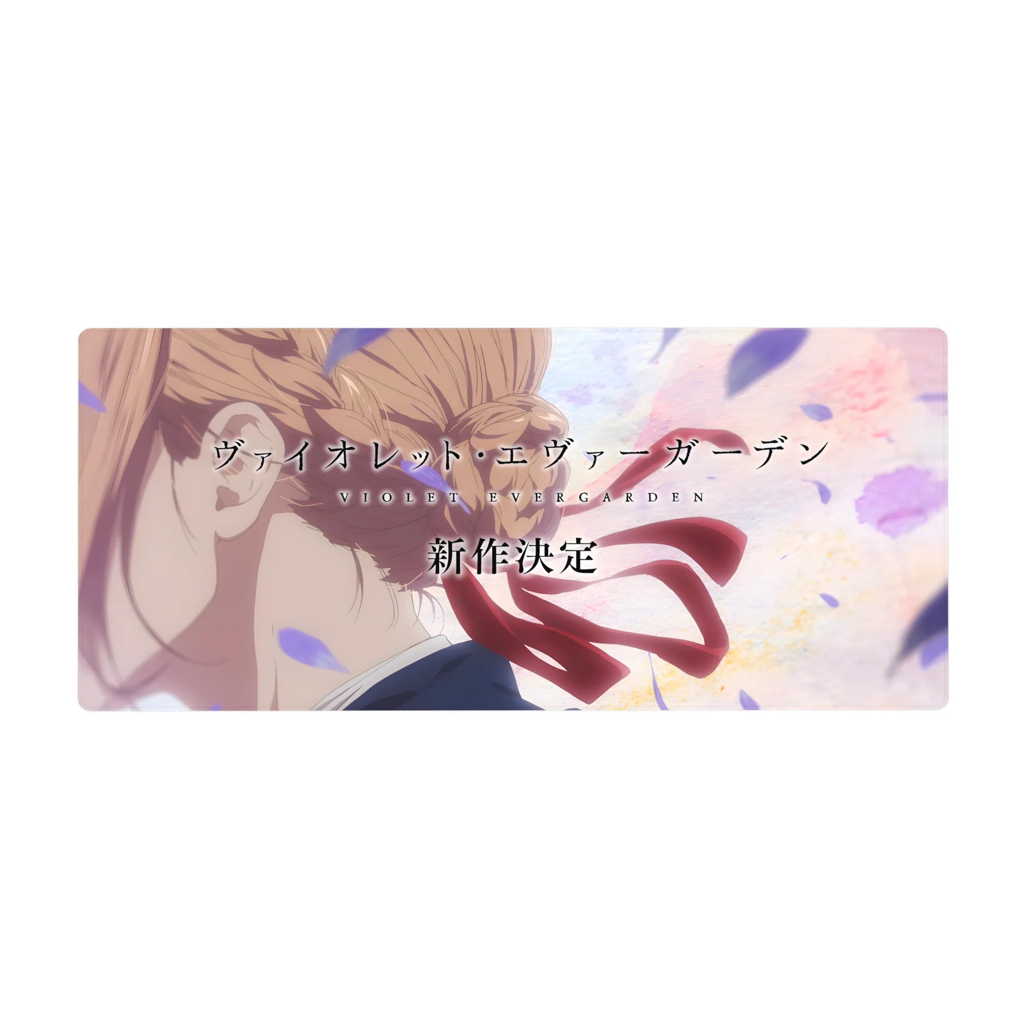 Anime desk pad 36x16 inches with Violet Evergarden profile, ribbon in wind, drifting petals, pastel sky.