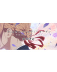 Anime desk pad 36x16 inches with Violet Evergarden profile, ribbon in wind, drifting petals, pastel sky.