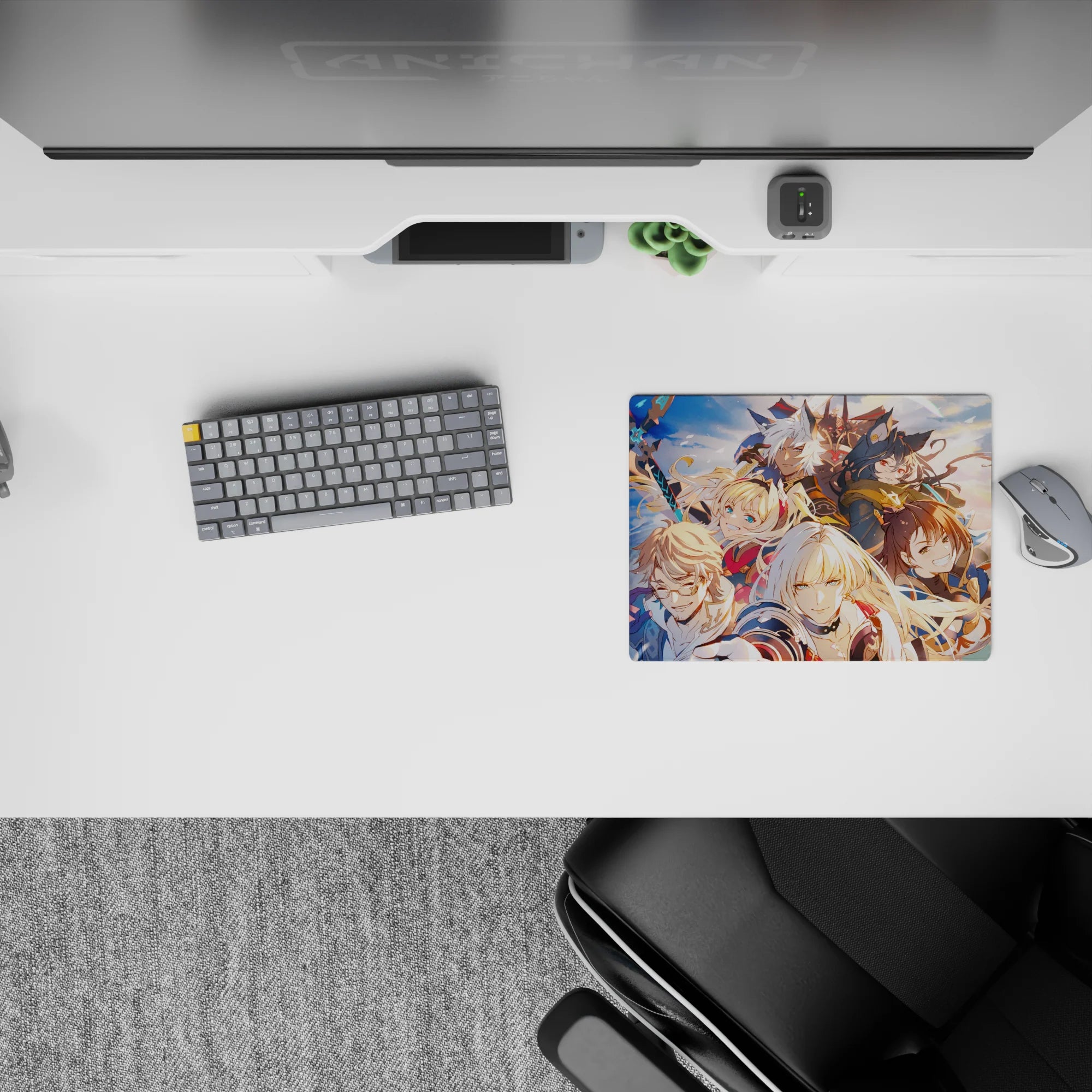 Sunrise-bright anime mouse pad 14x10 inches in navy, gold, and rainbow shards under clouds and moonlight.
