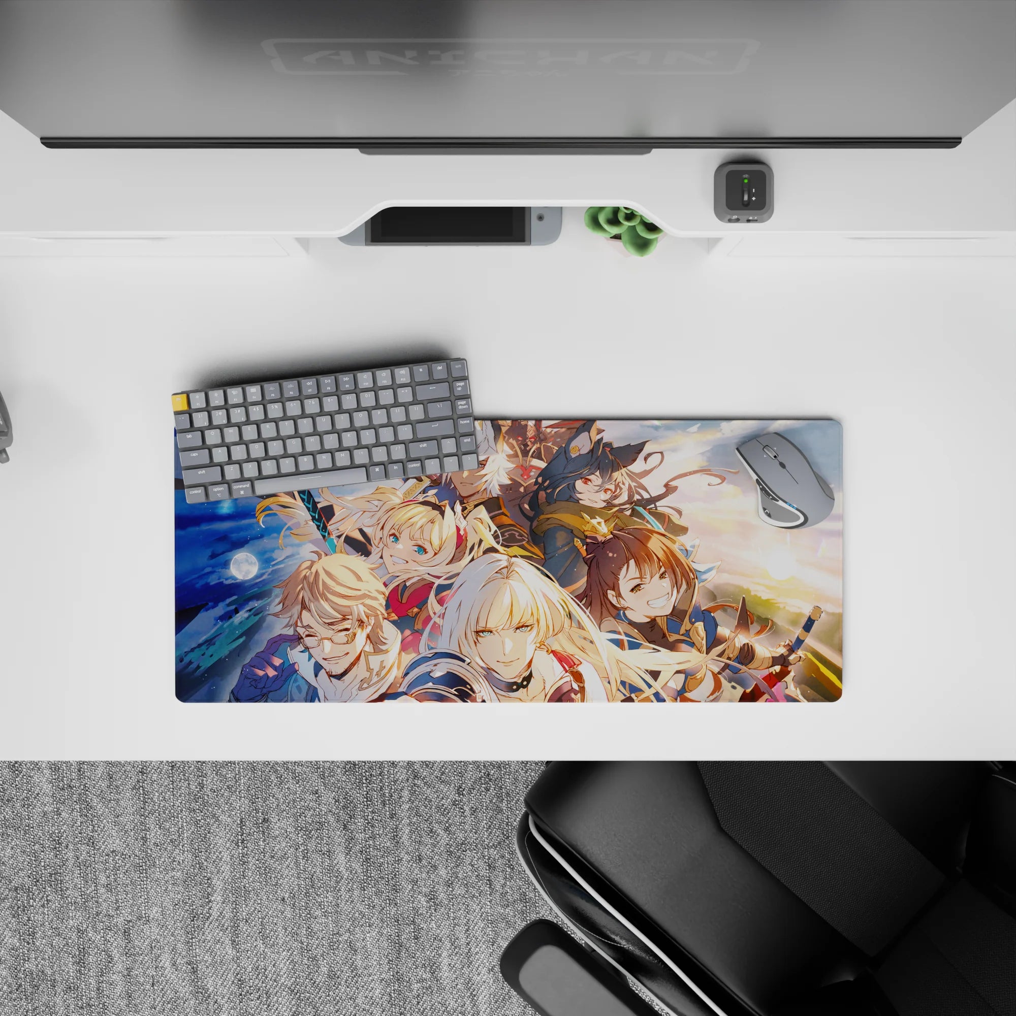 28x12 inches anime mouse pad in warm sunrise tones with navy and gold, rainbow shards, epic teamwork vibe.