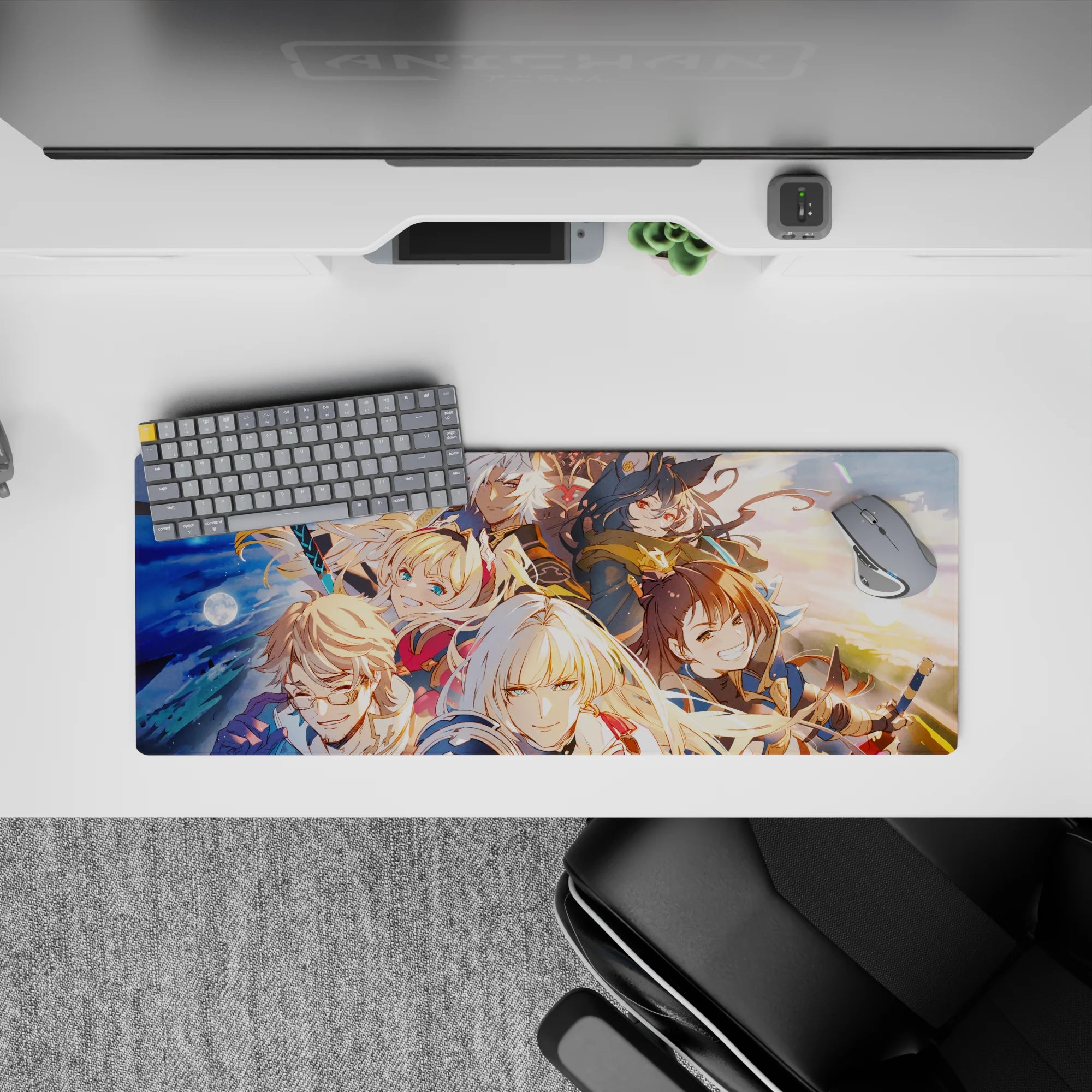32x12 inches anime mouse pad in warm sunrise tones, gold accents, clouds, moonlight, and rainbow shards.