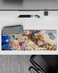 32x12 inches anime mouse pad in warm sunrise tones, gold accents, clouds, moonlight, and rainbow shards.