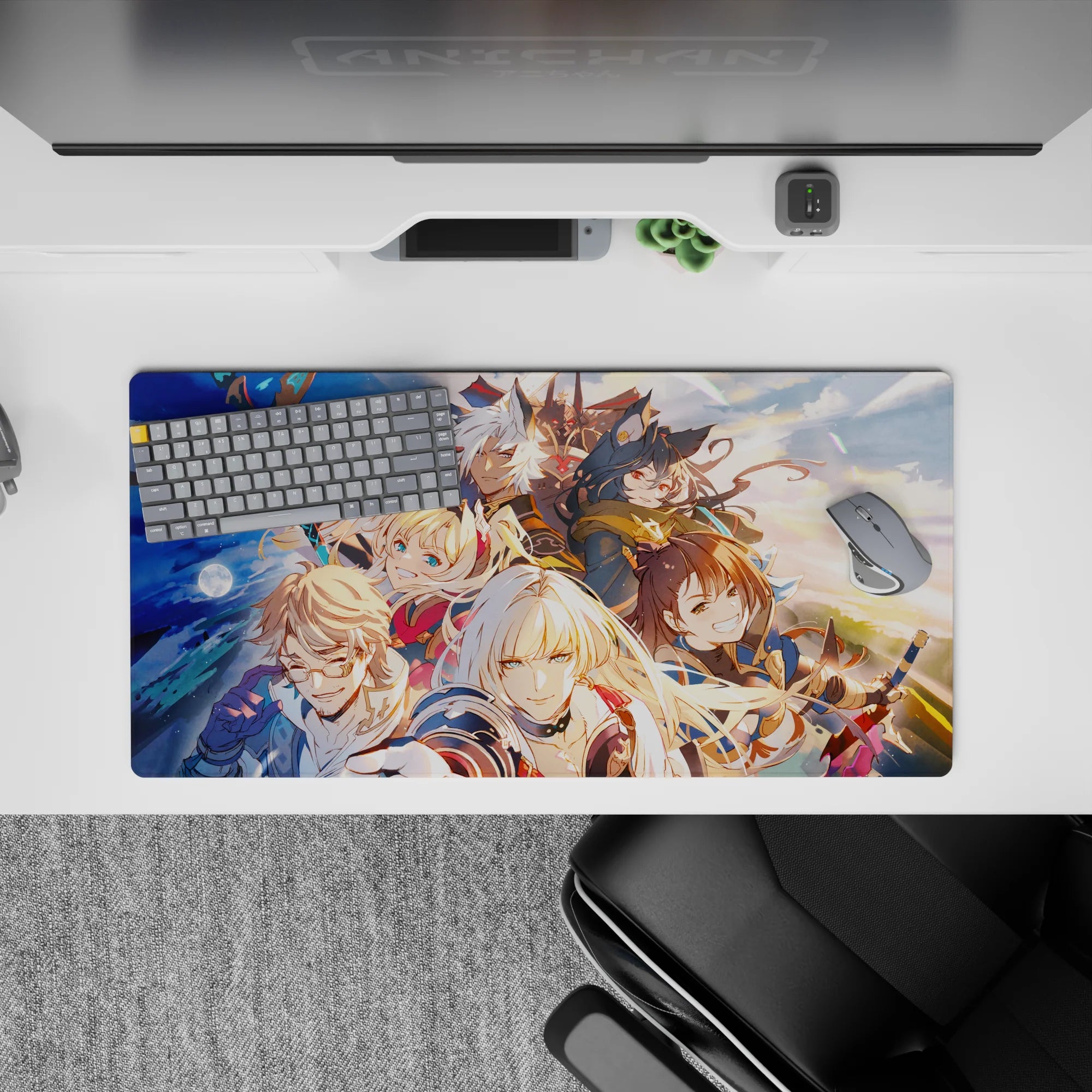 32x16 inches anime mouse pad in warm sunrise tones with clouds, moonlight, and rainbow shards, epic vibe.