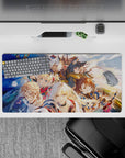 32x16 inches anime mouse pad in warm sunrise tones with clouds, moonlight, and rainbow shards, epic vibe.