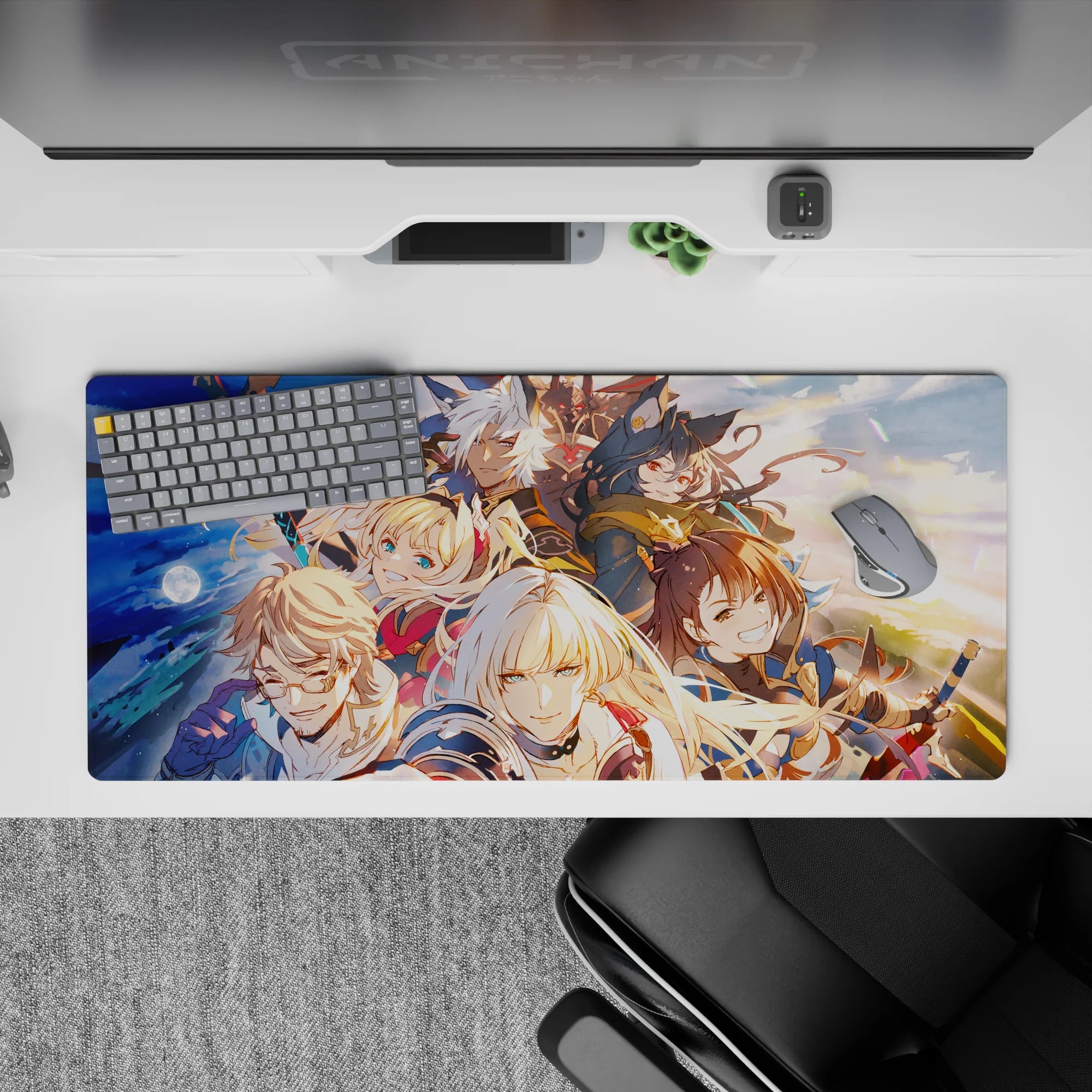 36x16 inches anime desk pad in warm sunrise tones with navy and gold accents, clouds and rainbow shards.