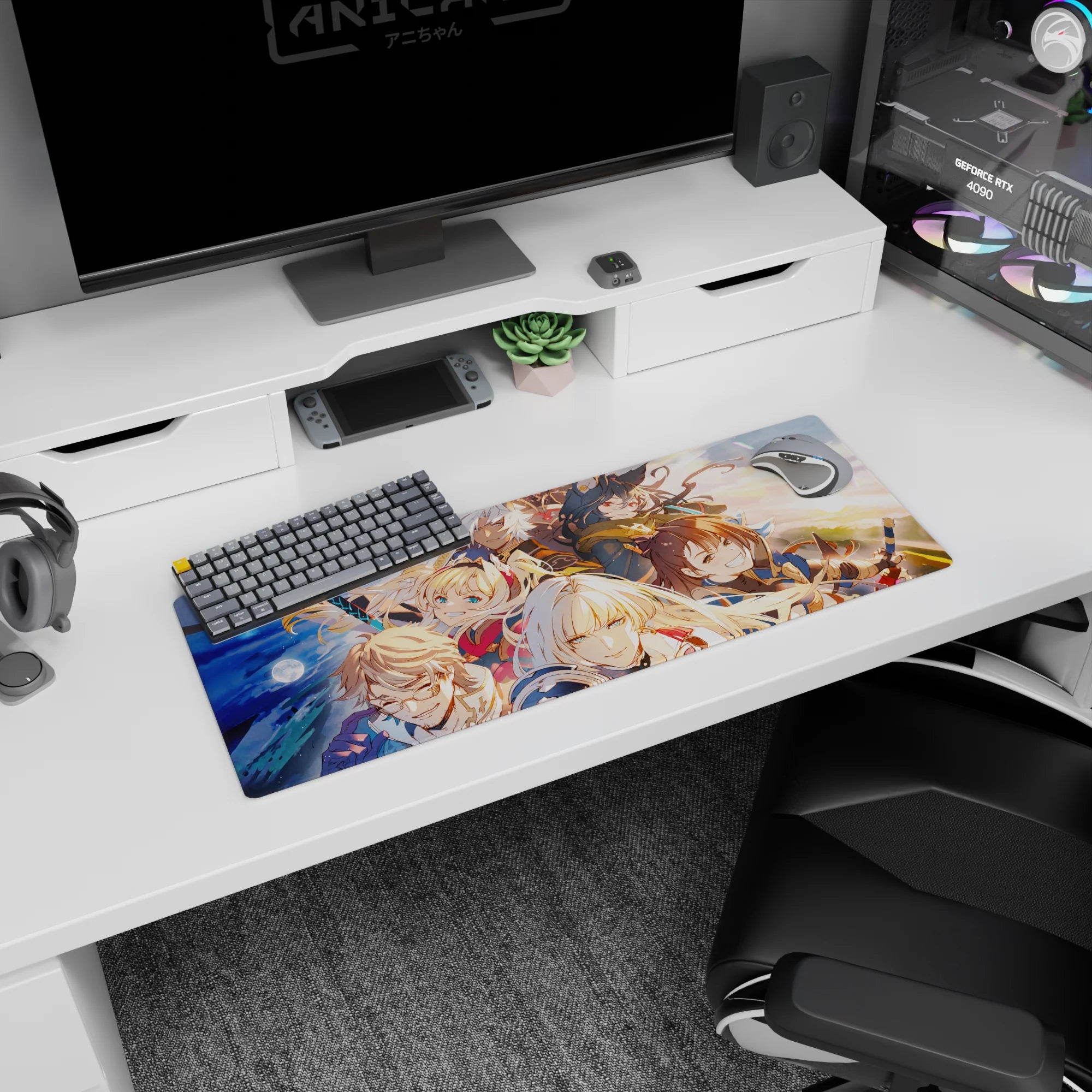 32x12 inches anime mouse pad featuring a white-haired leader reaching ahead with mage and twin blades behind.