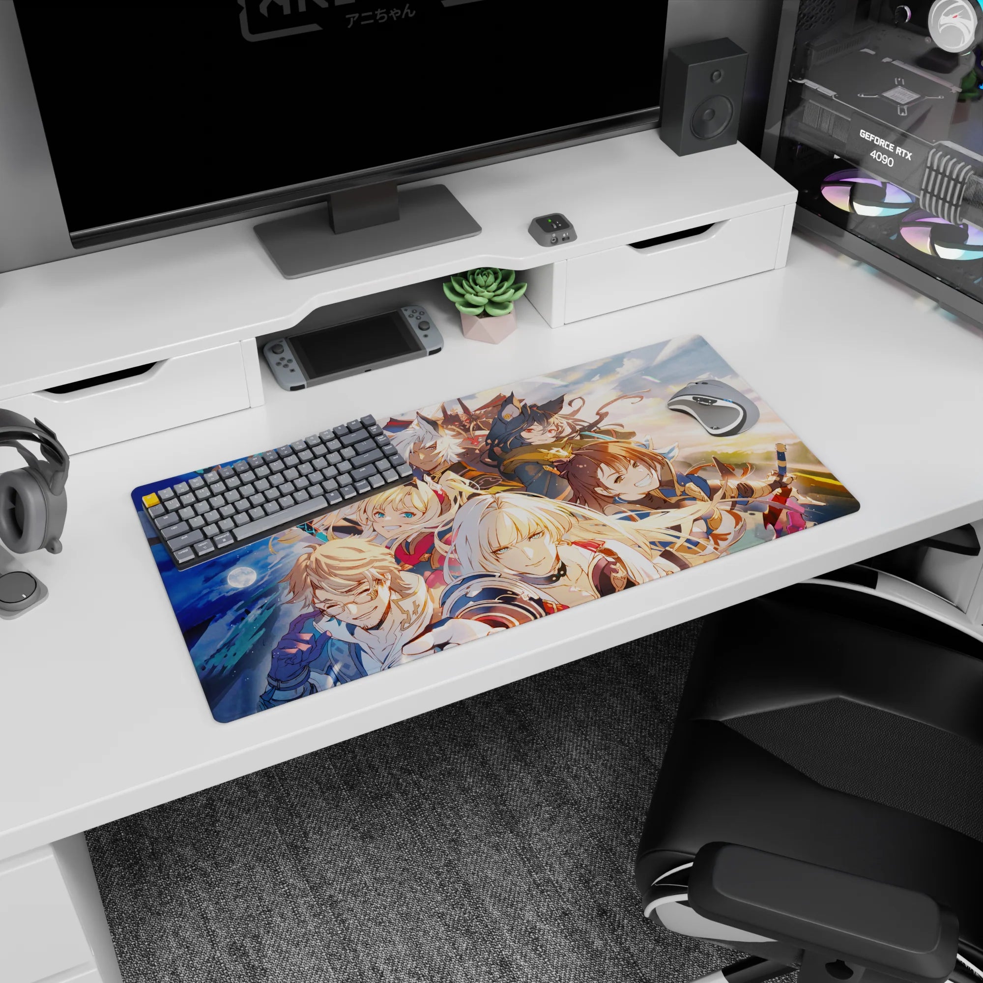 32x16 inches anime mouse pad featuring a white-haired leader reaching out, flanked by a dark mage and twin blades.