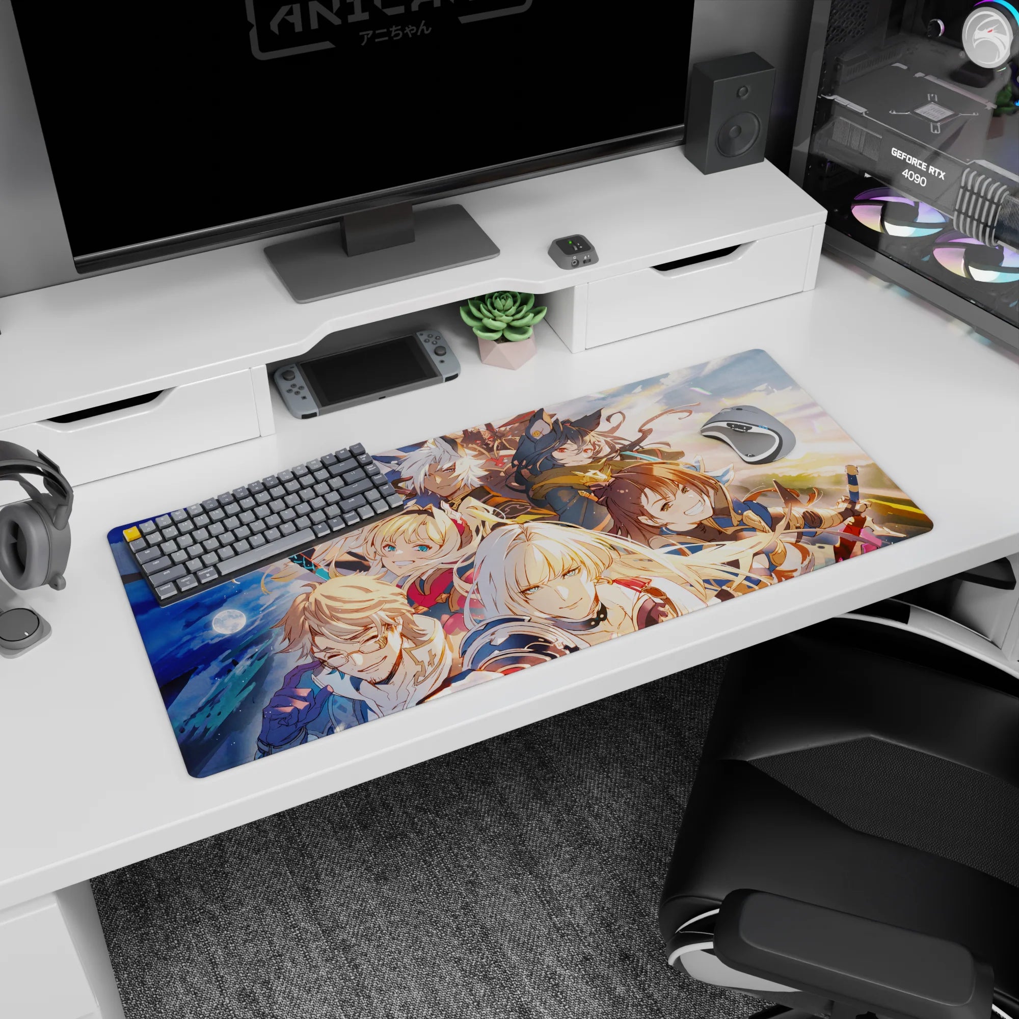 36x16 inches anime desk pad featuring a white-haired leader reaching out, flanked by mage and dual blades.