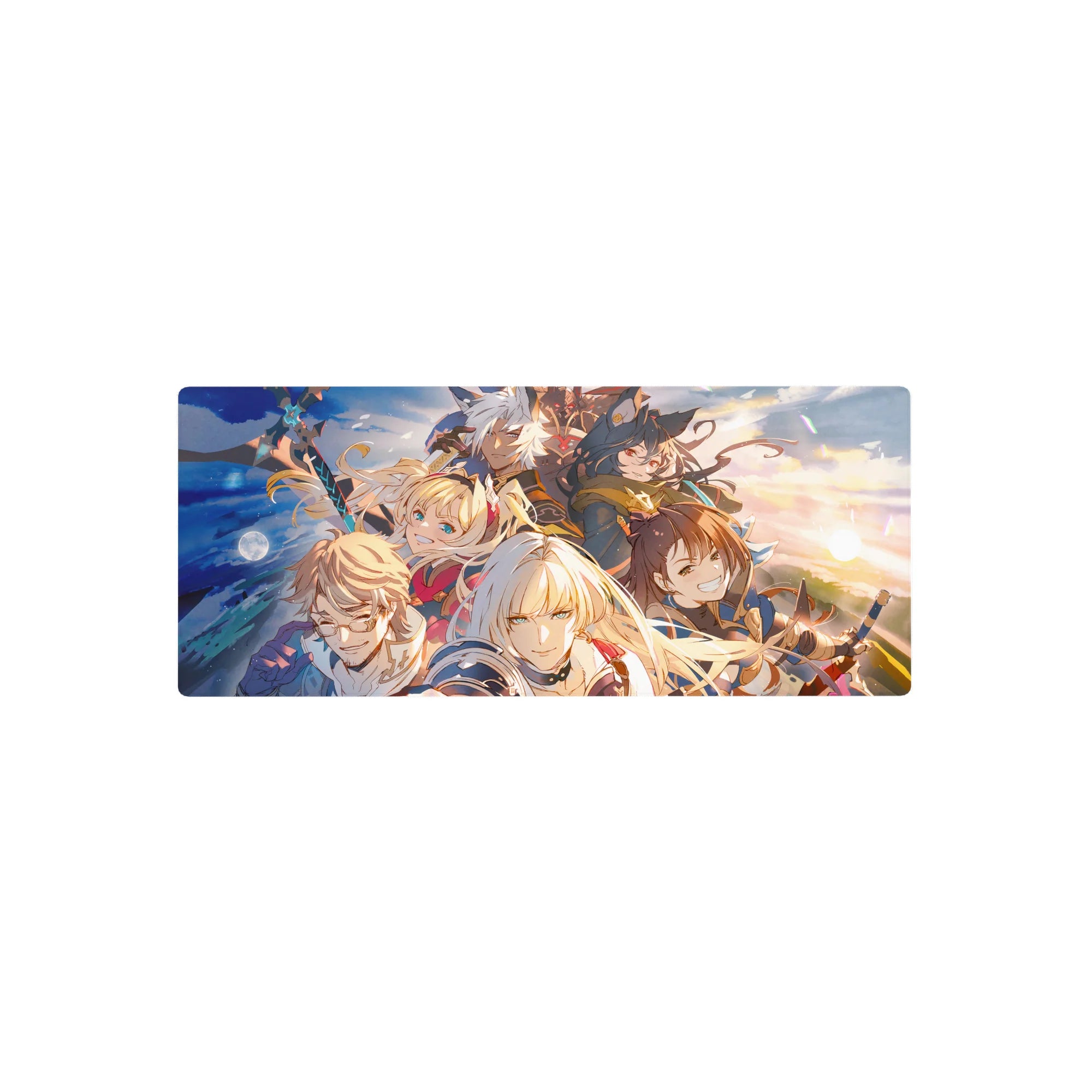 28x12 inches anime mouse pad with heroic party charging forward, capes flying, armor and twin blades.