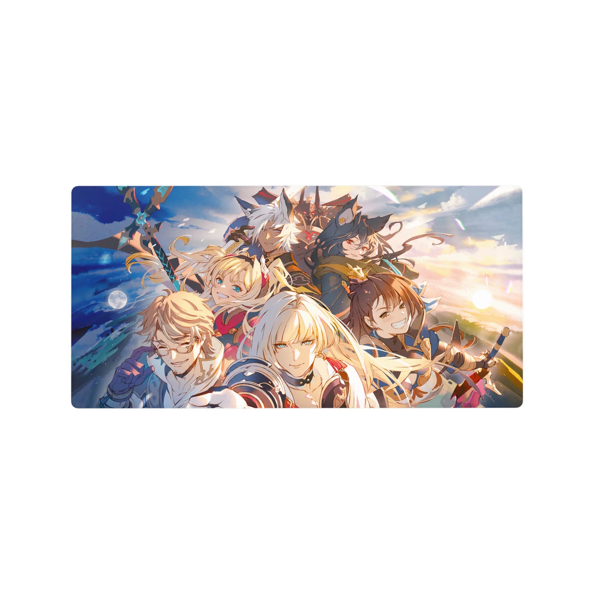 32x16 inches anime mouse pad with heroic party charging forward, capes flying, armor and gold accents.