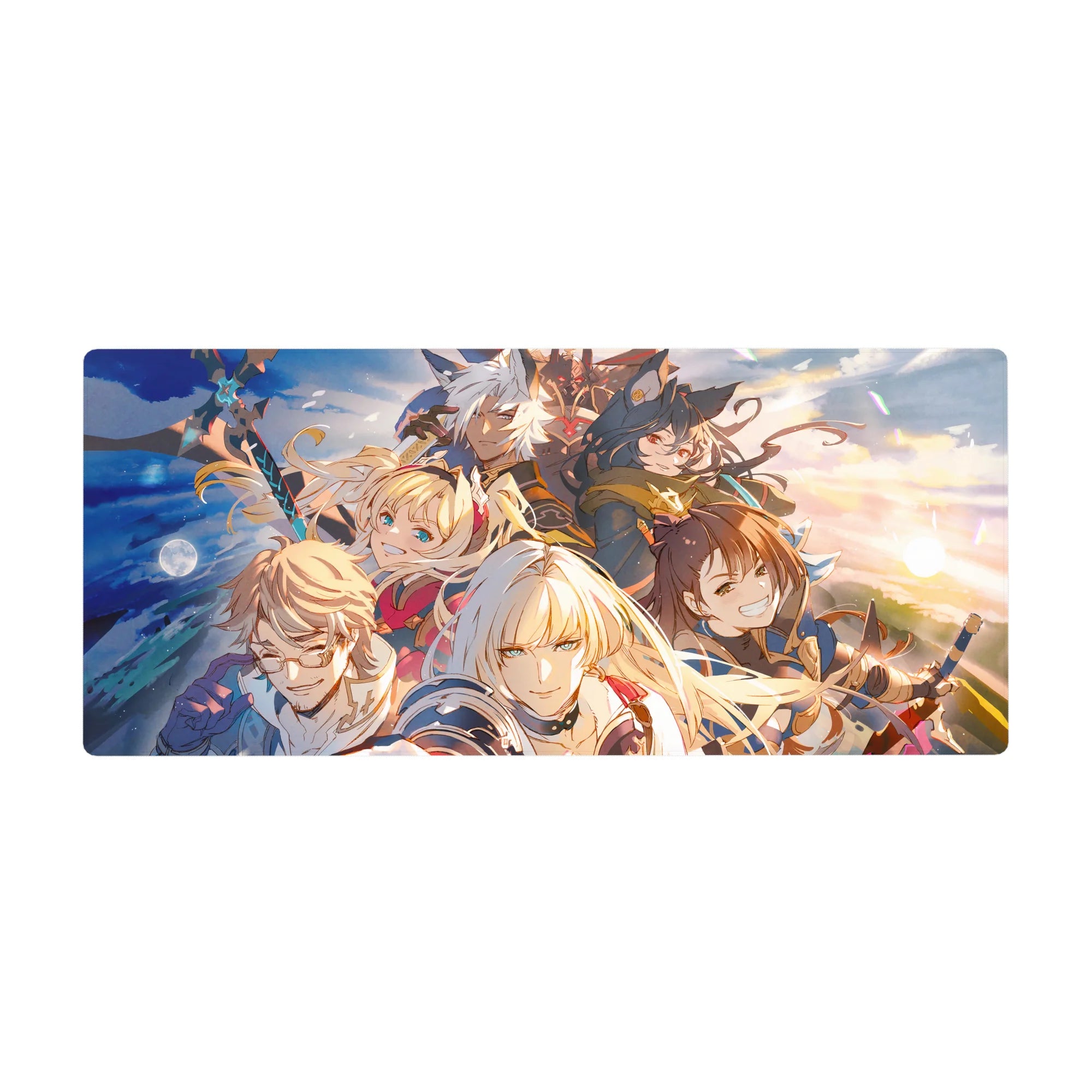 36x16 inches anime desk pad with heroic party charging forward, armor, capes, mage, and twin blades.