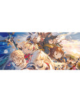 36x16 inches anime desk pad with heroic party charging forward, armor, capes, mage, and twin blades.