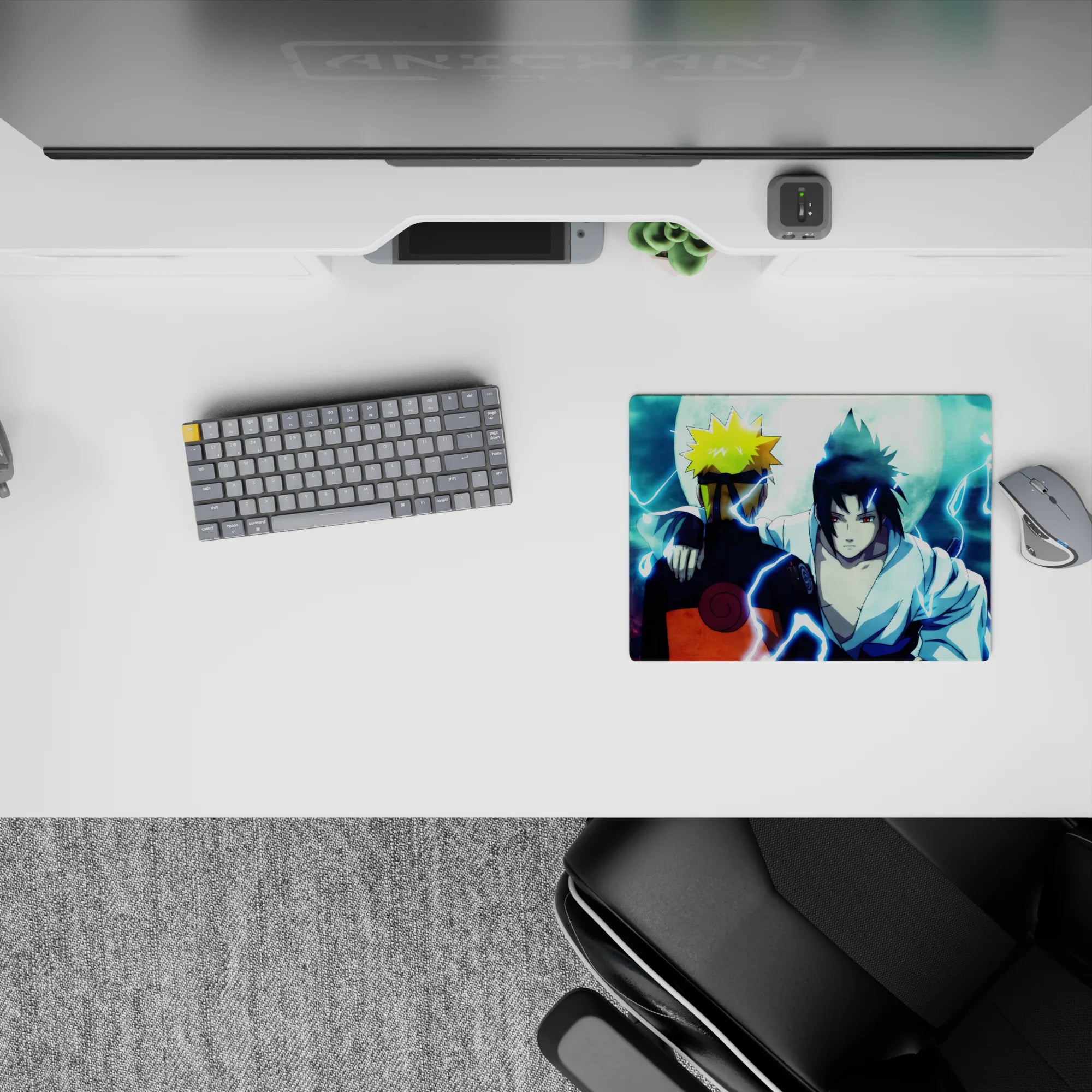 Naruto and Sasuke back to back under moonlit sky on 14x10 inch anime mouse pad, capturing tension and history.