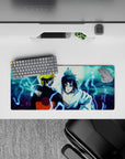 Mouse pad 28x12 inches featuring Naruto and Sasuke back to back under a moonlit sky, capturing a pivotal anime moment.