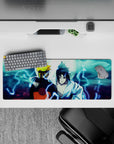 Naruto and Sasuke on 32x12 inch anime mouse pad, back to back under moonlit sky, electric blues, intense scene.