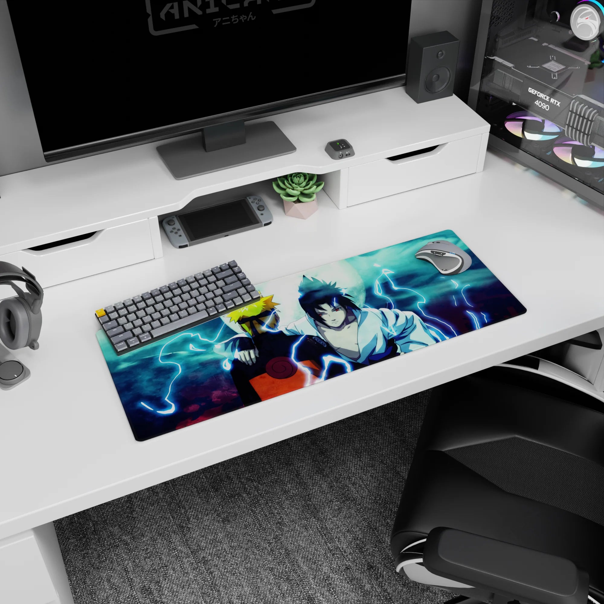 Mouse pad 32x12 inches featuring Naruto and Sasuke back to back under moonlit sky, capturing iconic anime moment.
