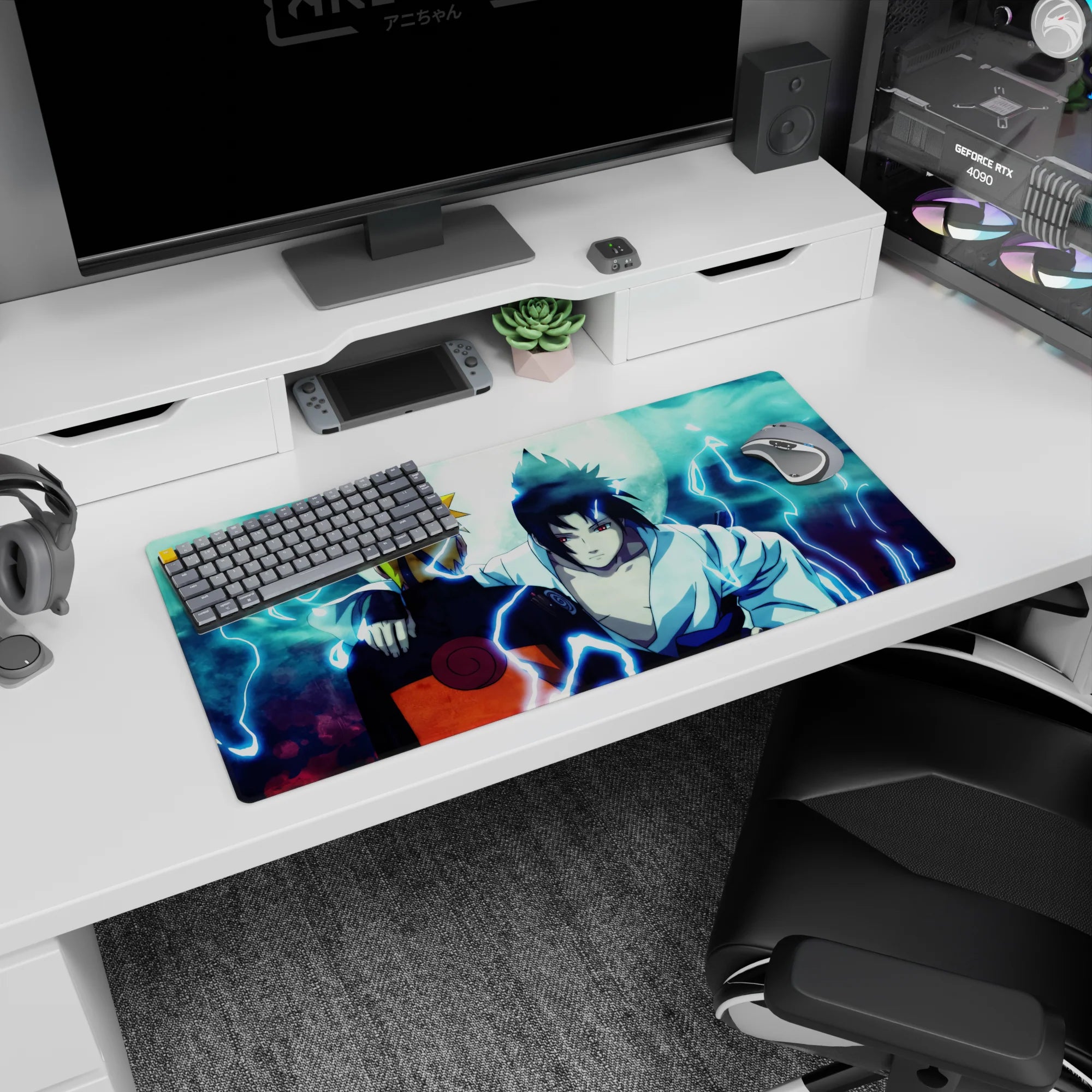 Naruto and Sasuke back to back under moonlit sky, 32x16 inch anime mouse pad, capturing intense emotion and history.