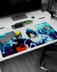 Naruto and Sasuke back to back under a moonlit sky on a 40x20 inch anime desk pad, embodying tension and history.