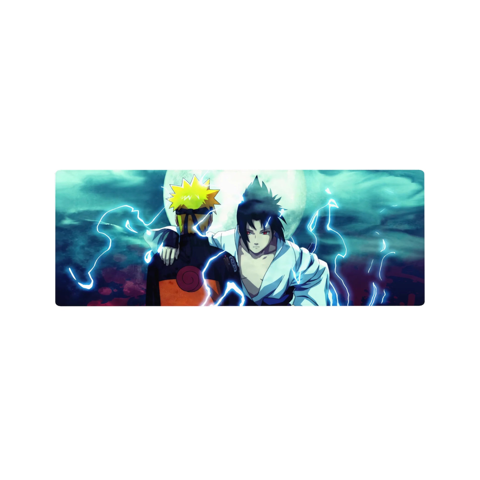 Naruto and Sasuke back to back on a 32x12 inch mouse pad, moonlit sky, electric blues, intense moment from Naruto.