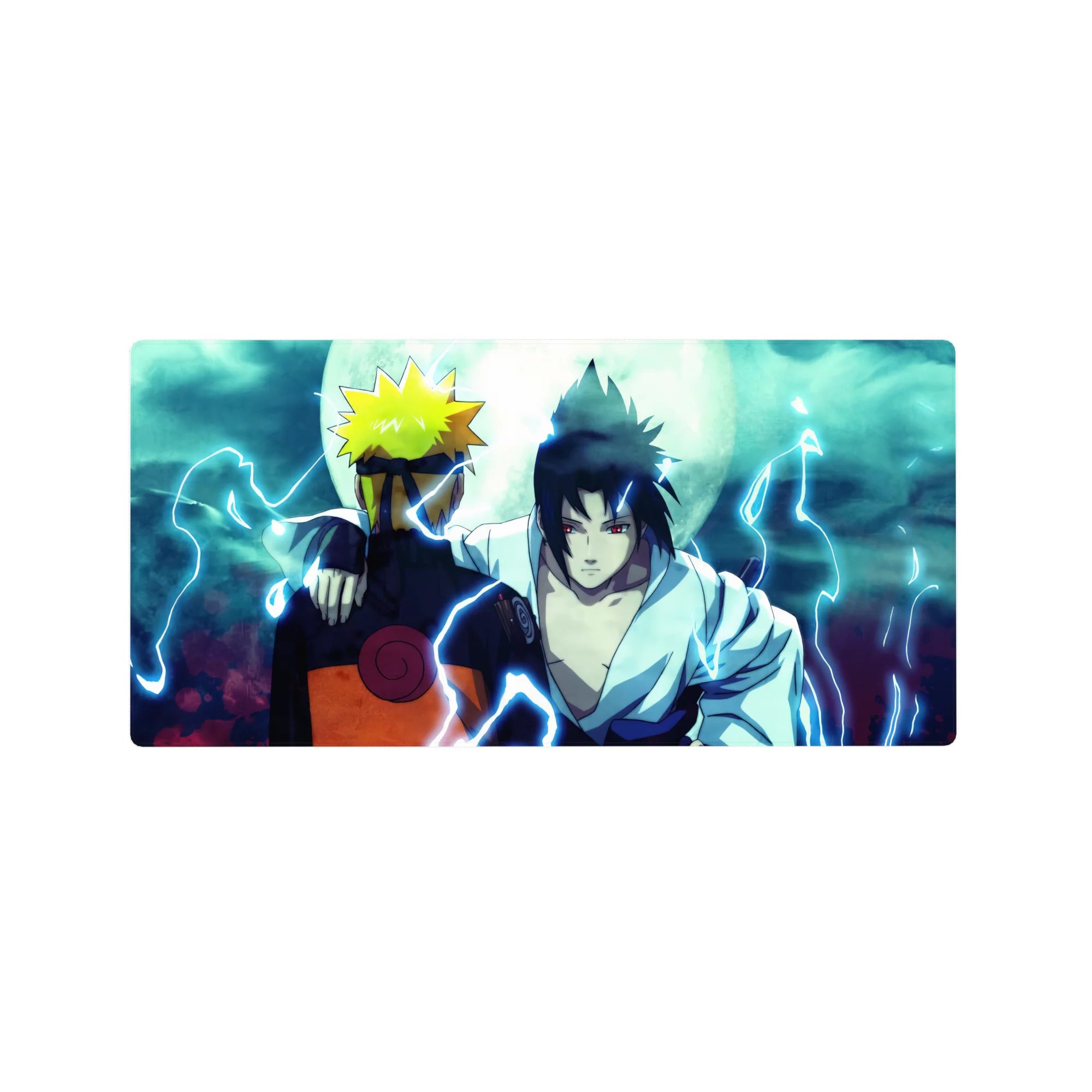 Mouse pad featuring Naruto and Sasuke back to back under a moonlit sky, size 32x16 inches, capturing tension and history.