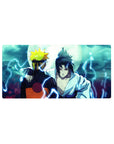Mouse pad featuring Naruto and Sasuke back to back under a moonlit sky, size 32x16 inches, capturing tension and history.