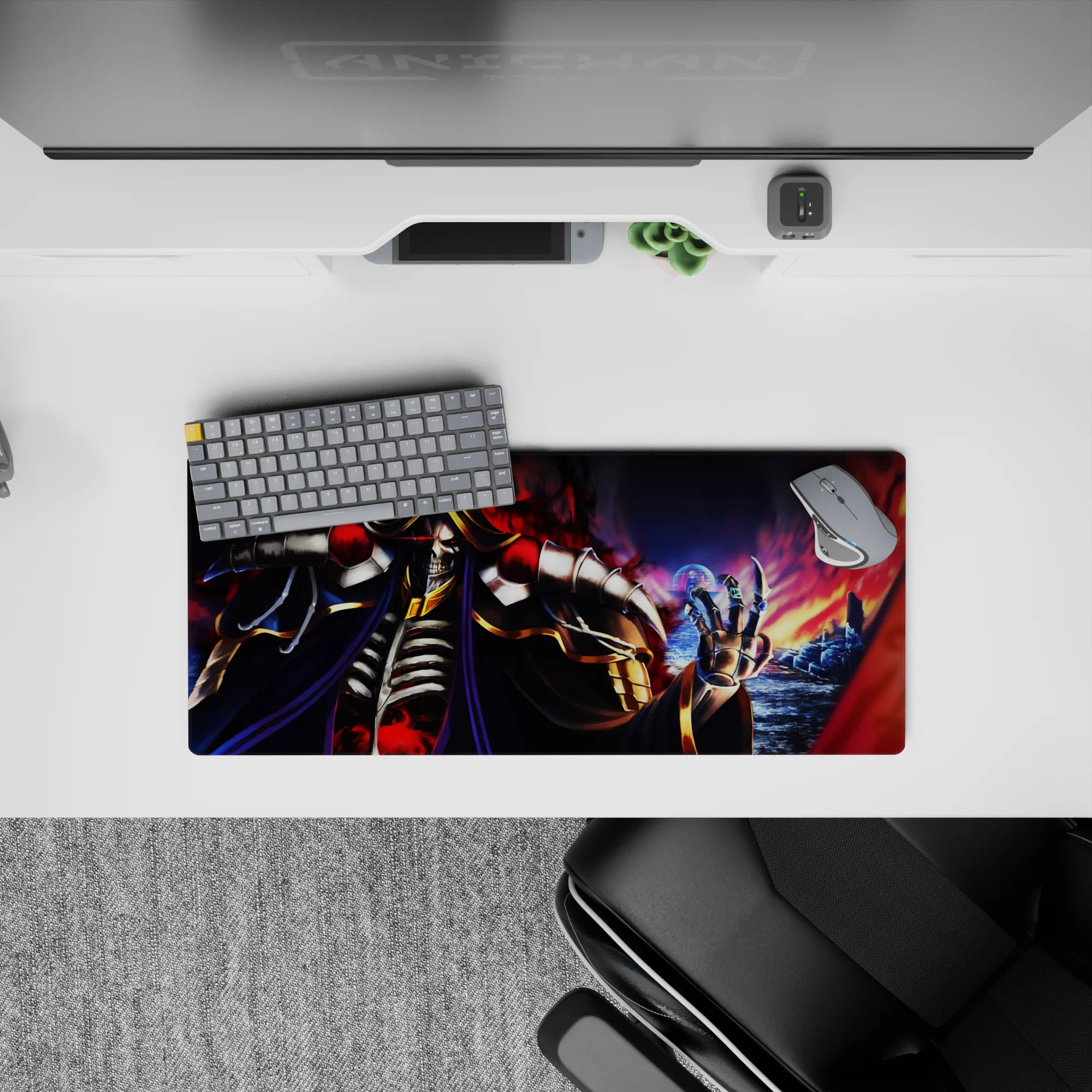 Anime mouse pad featuring Ainz Ooal Gown from Overlord, size 28x12 inches, with fiery backdrop and dark hues.