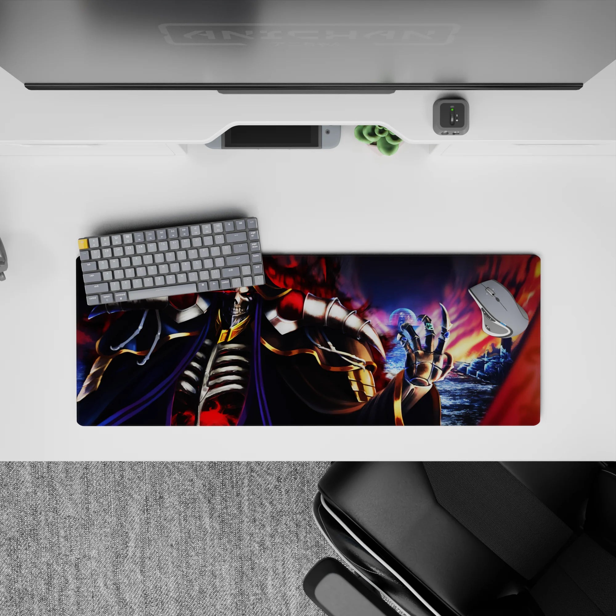 Ainz Ooal Gown anime mouse pad 32x12 inches, featuring flames, shadows, and crimson orbs for an epic gaming setup.