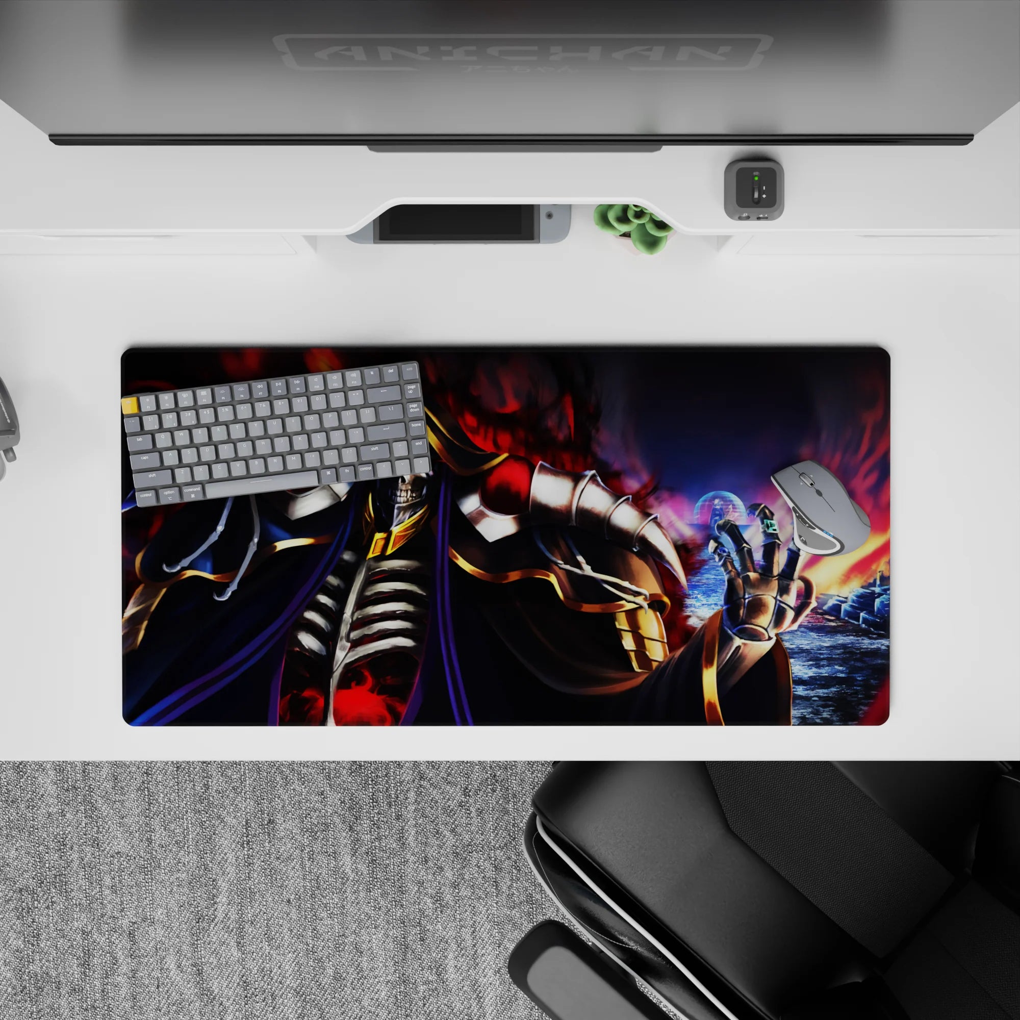 Mouse pad 32x16 inches featuring Ainz Ooal Gown from Overlord, with fiery background and detailed character design.