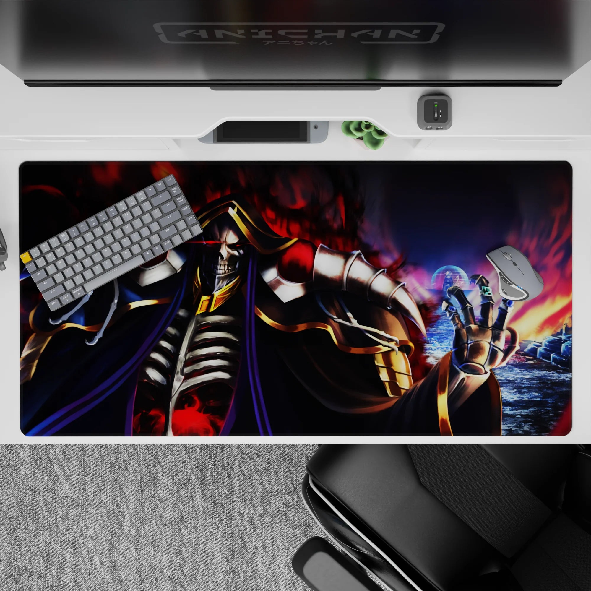 Ainz Ooal Gown anime mouse pad, 40x20 inches, featuring vibrant flame and shadow design with blackened bone and steel.