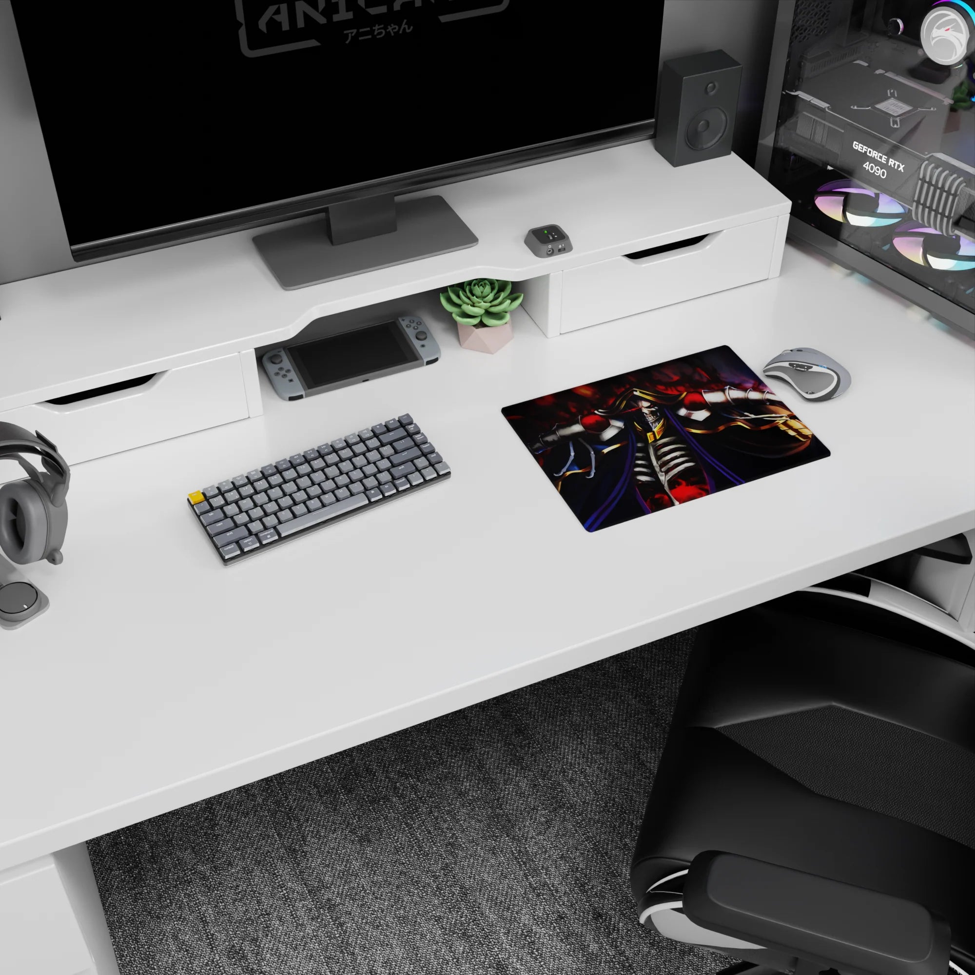 Anime mouse pad featuring Ainz Ooal Gown from Overlord, size 14x10 inches, with a fiery background of violet and red.