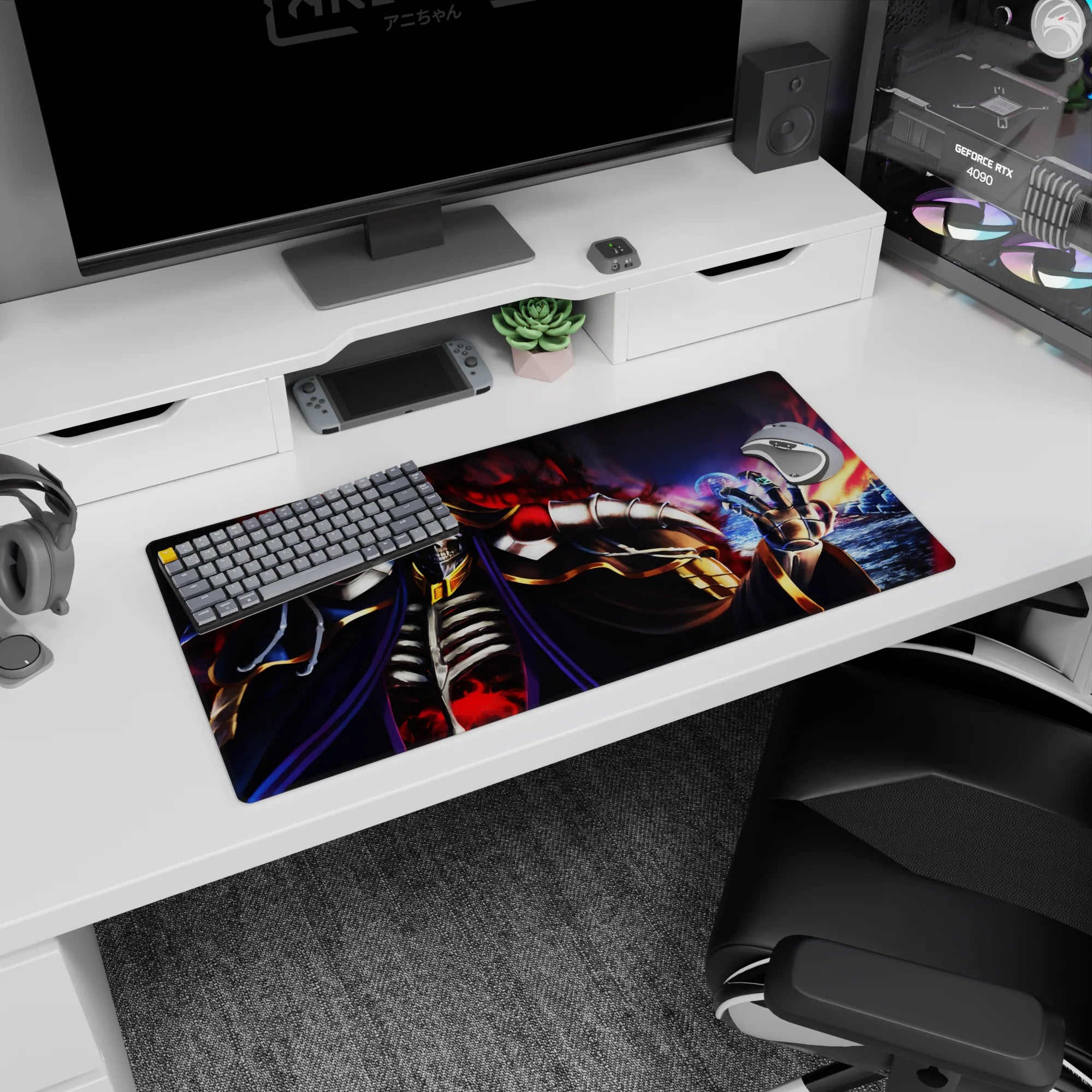 Ainz Ooal Gown anime mouse pad, 32x16 inches, featuring Ainz in blackened bone armor with crimson flames and violet shadows.