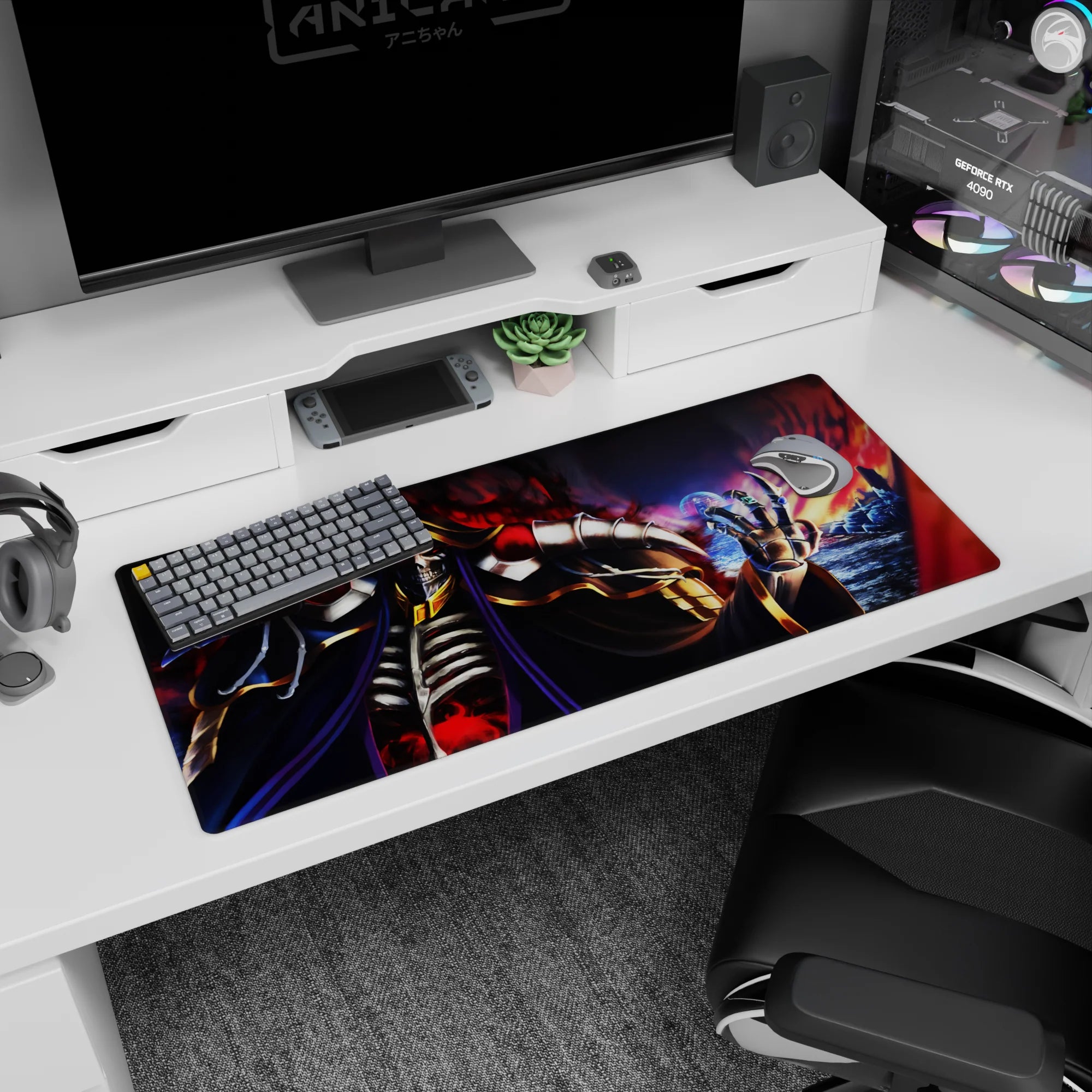 Ainz Ooal Gown anime desk pad, 36x16 inches, featuring blackened bone, steel, and crimson flames, perfect for gaming.