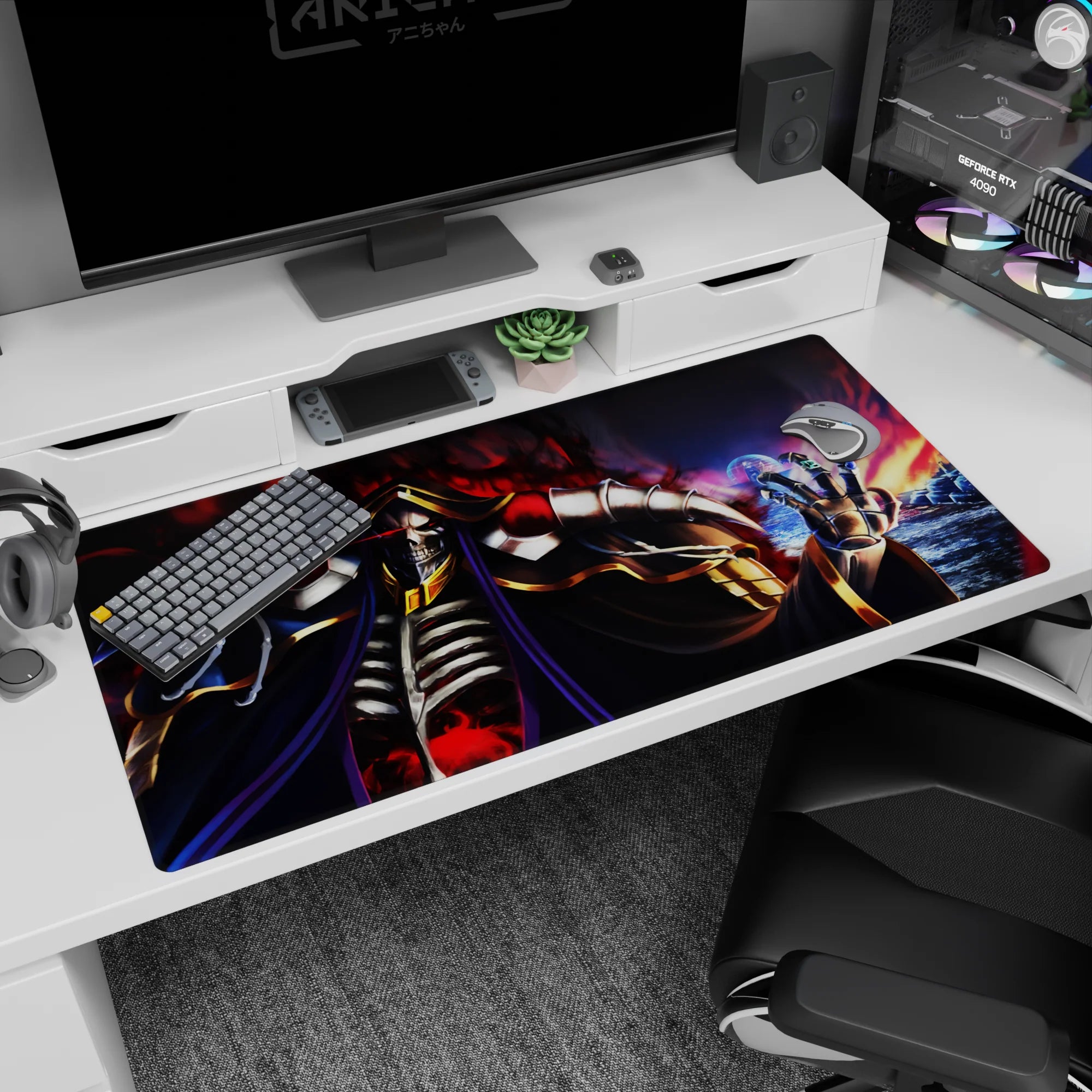 Ainz Ooal Gown anime desk pad, 40x20 inches, featuring flames and shadows in vivid colors, perfect for gaming setups.