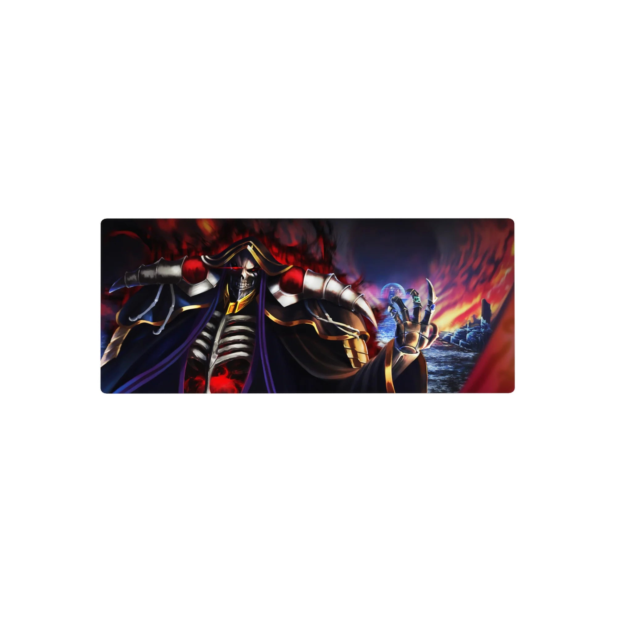 Ainz Ooal Gown anime mouse pad 28x12 inches, featuring blackened bone, steel, and crimson flames, perfect for gamers.