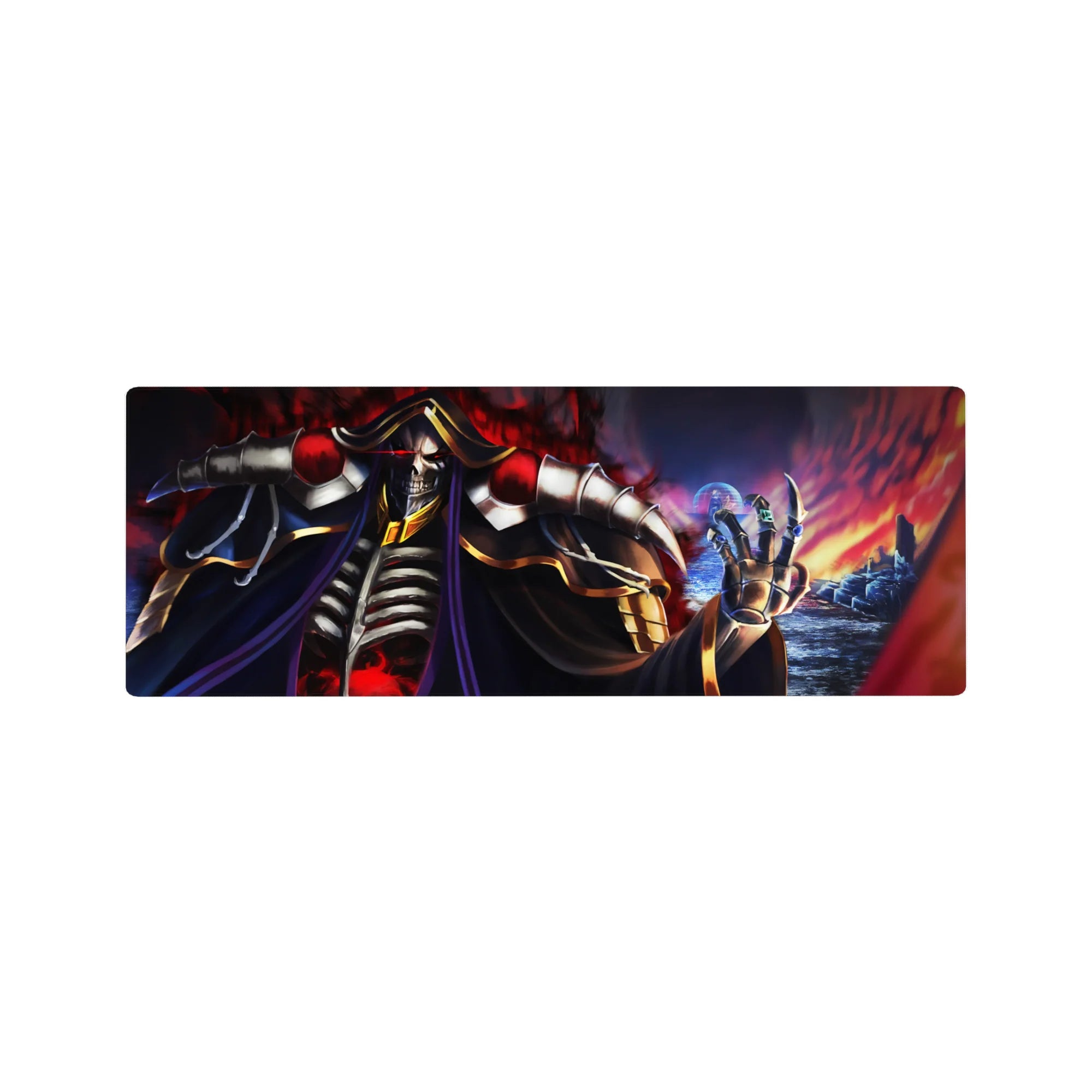 Anime mouse pad featuring Ainz Ooal Gown from Overlord, size 32x12 inches, with vivid flames and dark shadows.