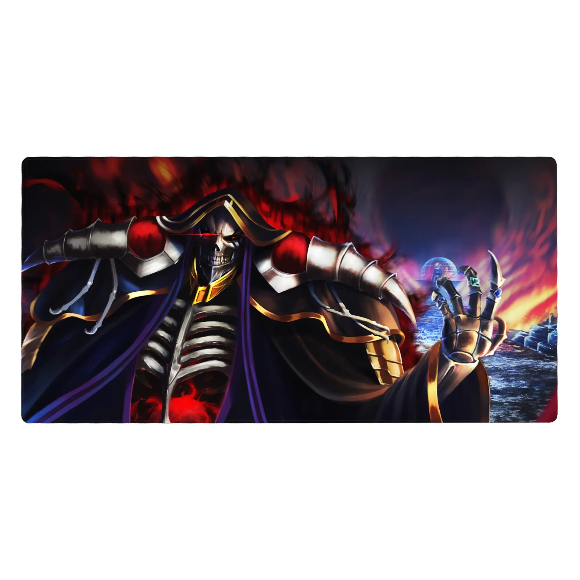 40x20 inches anime desk pad featuring Ainz Ooal Gown from Overlord, with flames and shadows in vivid colors.