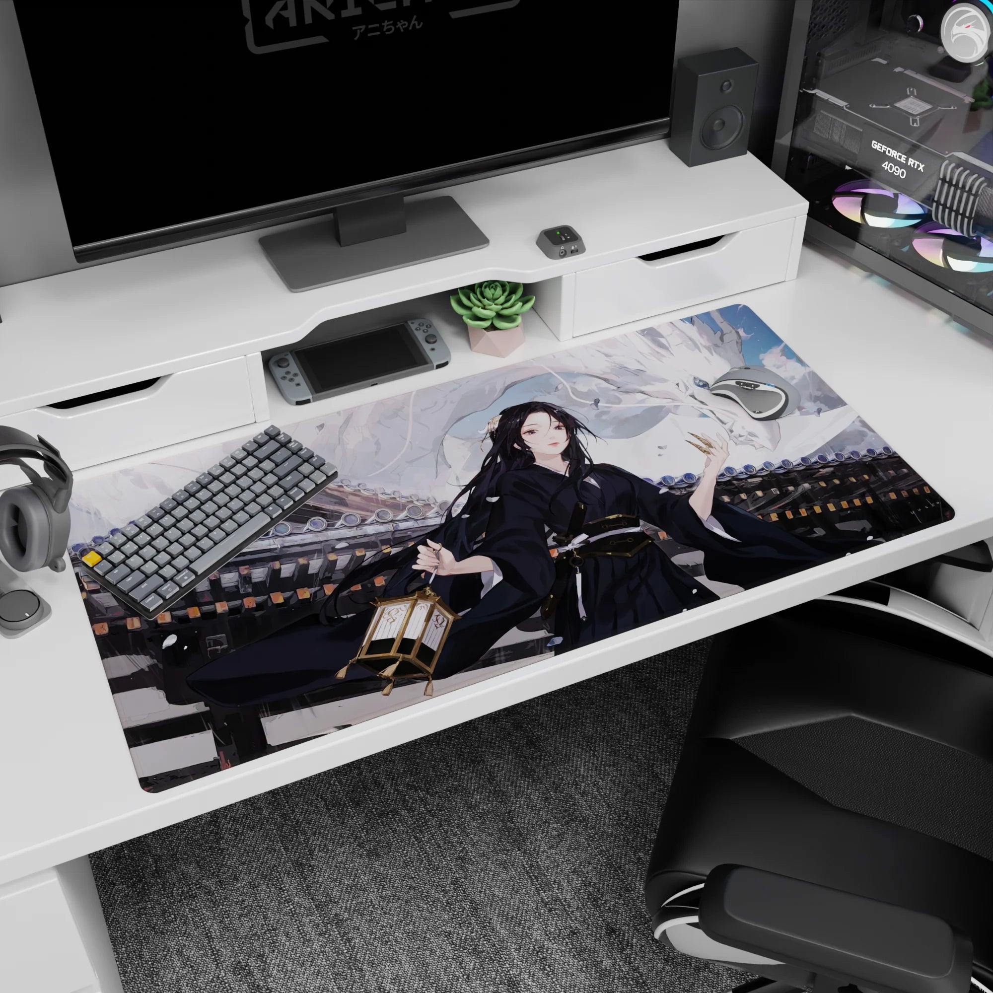 40x20 inches anime girl desk pad showing kimono girl with swinging lantern and ghost dragon in foggy sky.