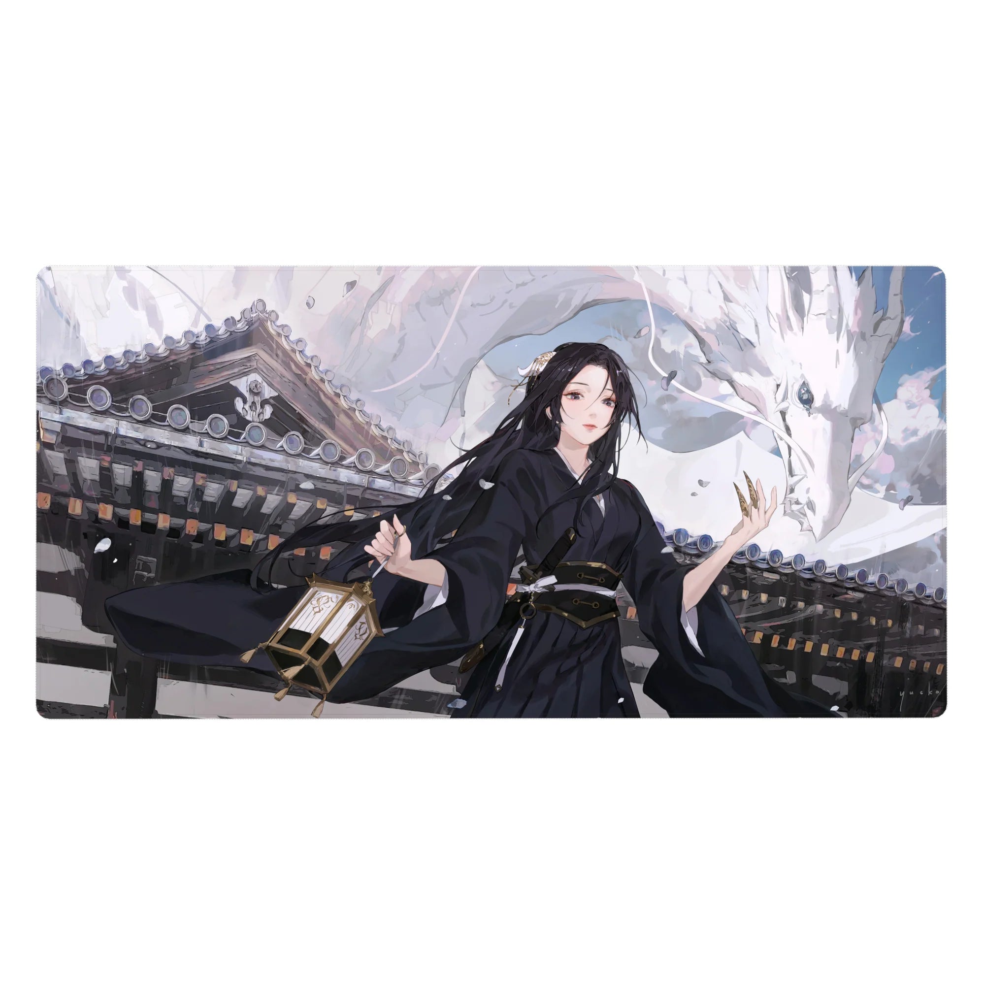 Anime girl desk pad 40x20 inches with black kimono shrine-night art, lantern, and white dragon.